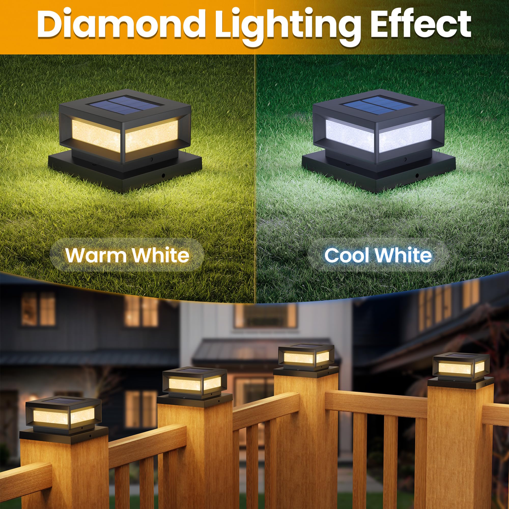 Mlambert 8 Pack Solar Post Cap Lights Outdoor  Waterproof Deck Fence Post Light For 4X4 Wood/Vinyl Posts  6X6 Wooden Posts  Cool/Warm Lighting  Black