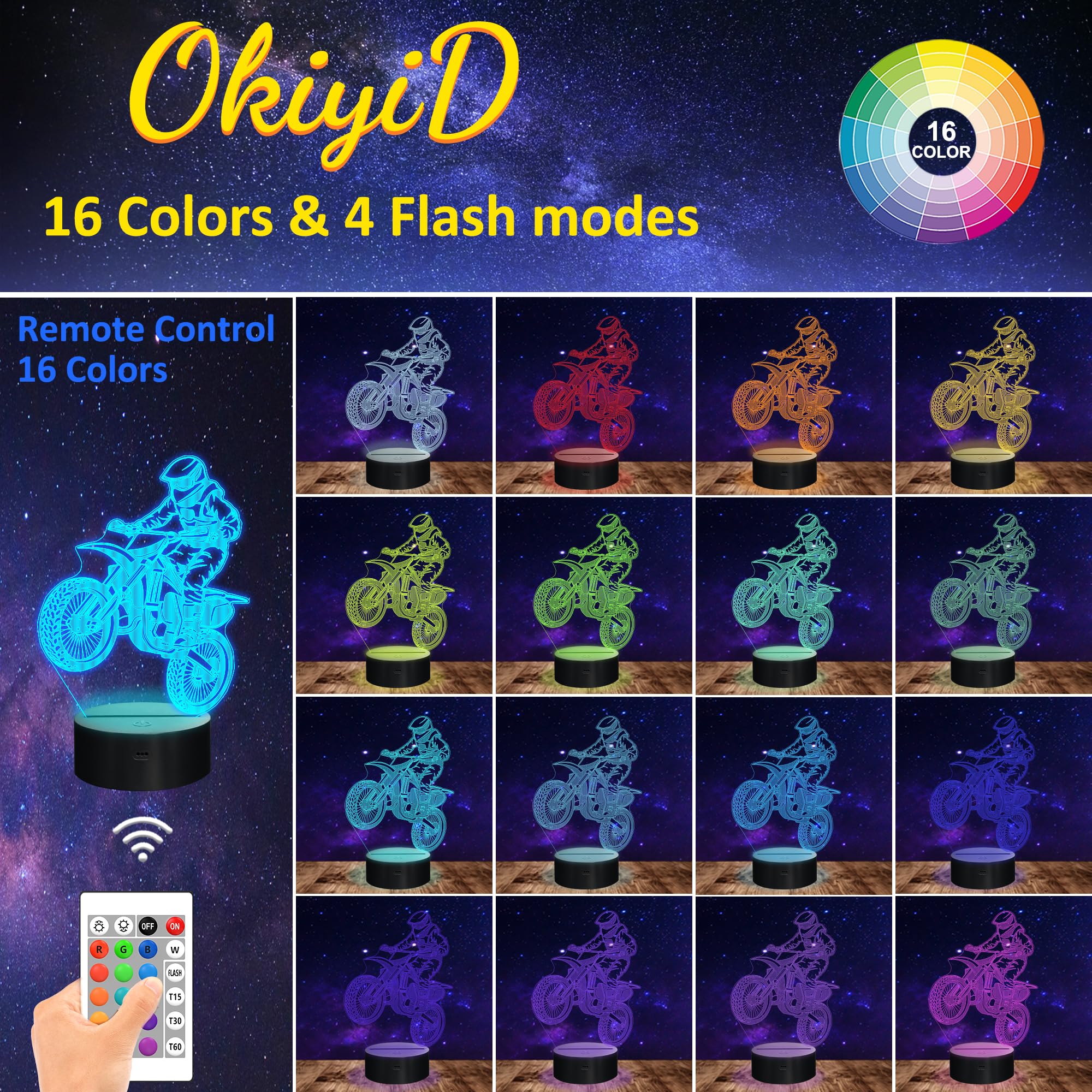 OkiyiD 3D Dirt Bike Night Light with Remote, Touch Control, Acrylic, Color 8, Model FS-2810-9999, Kids Room Decor, Gift for Boys