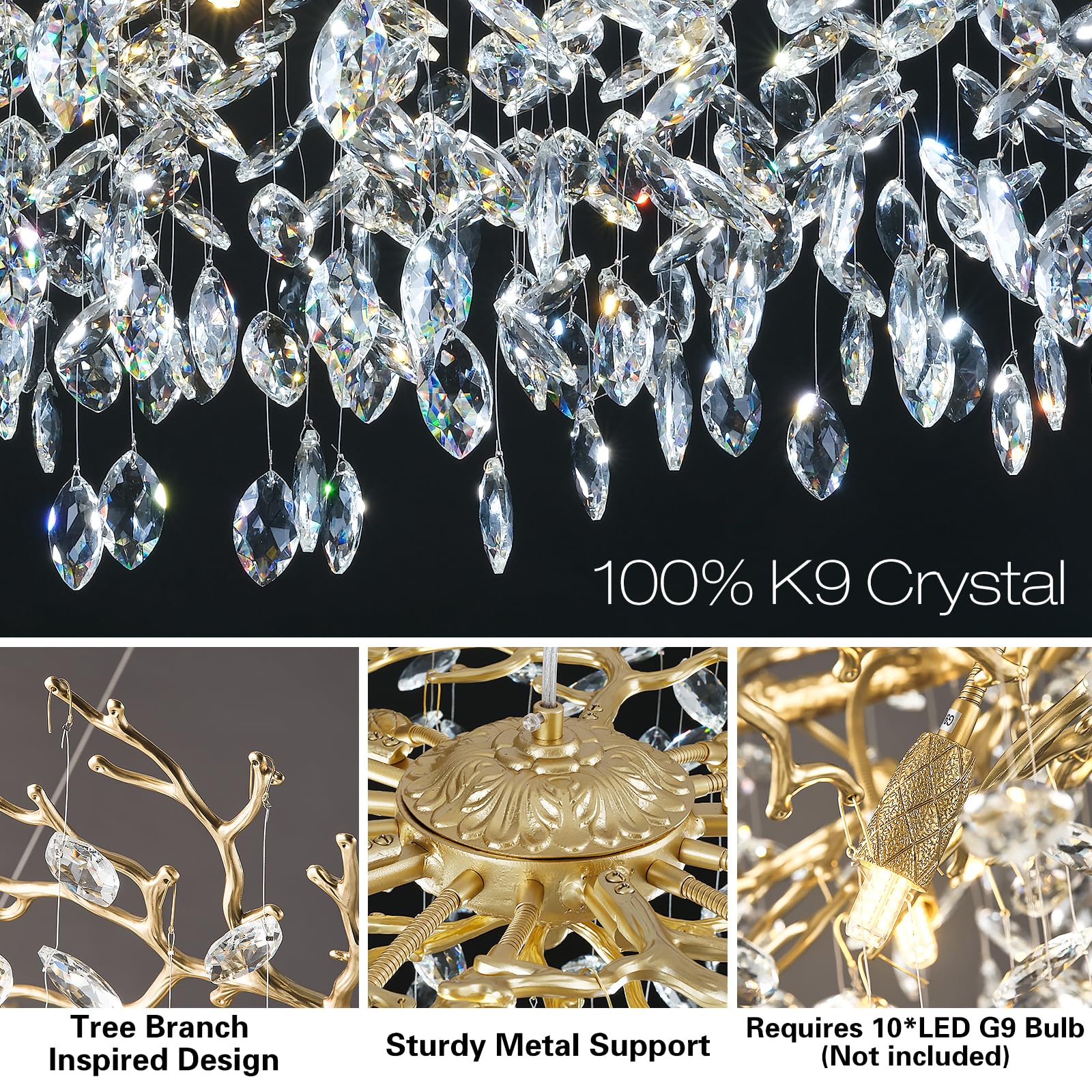 kvtinmty Modern Crystal Chandelier, 30" Gold K9 Crystal, 10-Light Design for Dining Room and Foyer