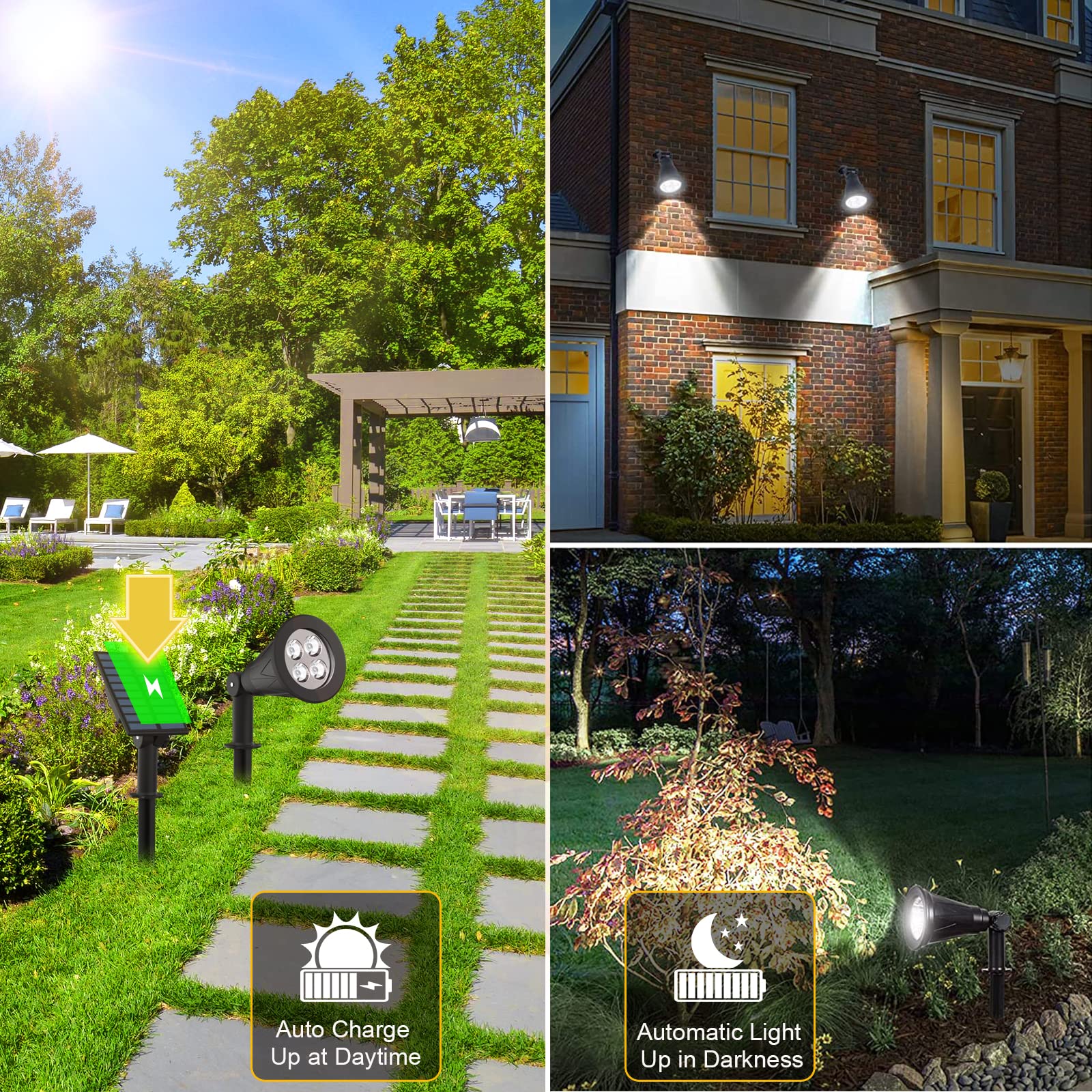 Solar Powered Led Spot Light, T-Sunus 2 In 1 Installation Separated Panel And Light, Ip65 Waterproof Outdoor Landscape Security Lighting For Patio,Yard,Garden,Driveway,Stair (2Pack White-6000K)