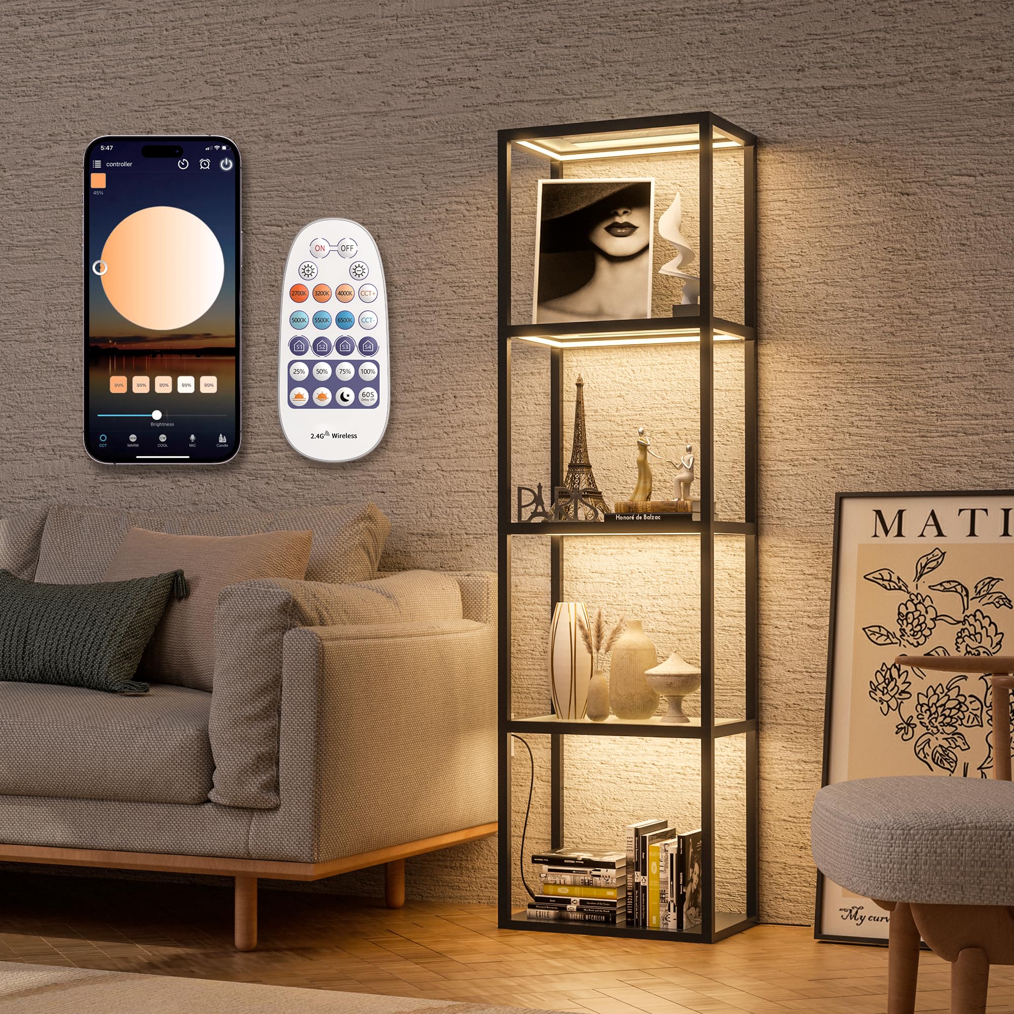 JACKYLED Corner Display Shelf with Lights, 5-Tier 66 Tall Corner Storage for Books Perfume Shelf, Dimmable LED Glass Display She