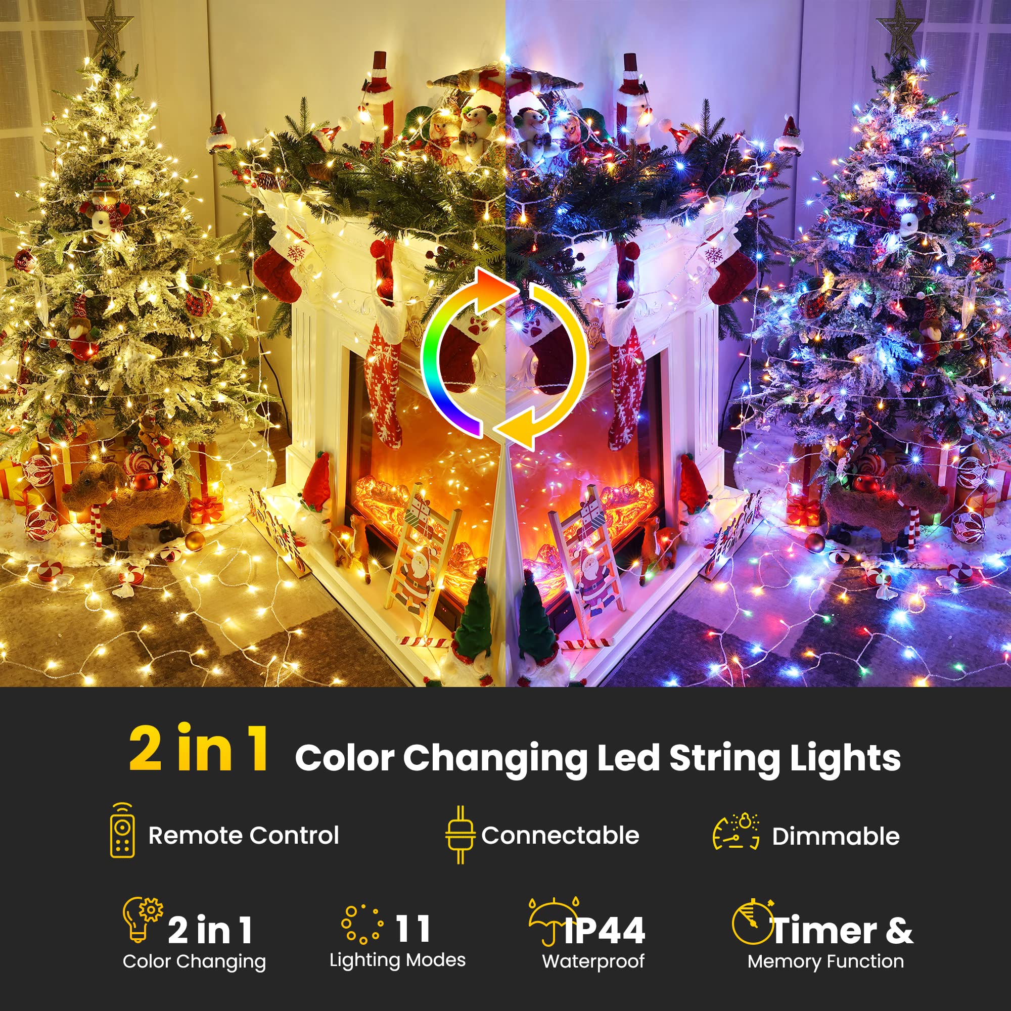 Color Changing Christmas Lights, 75Ft 200 Led Warm White & Multicolor Christmas String Lights With Remote, 11 Modes Christmas Twinkle Lights For Christmas Party, Garden, Holiday, Xmas Tree Decorations