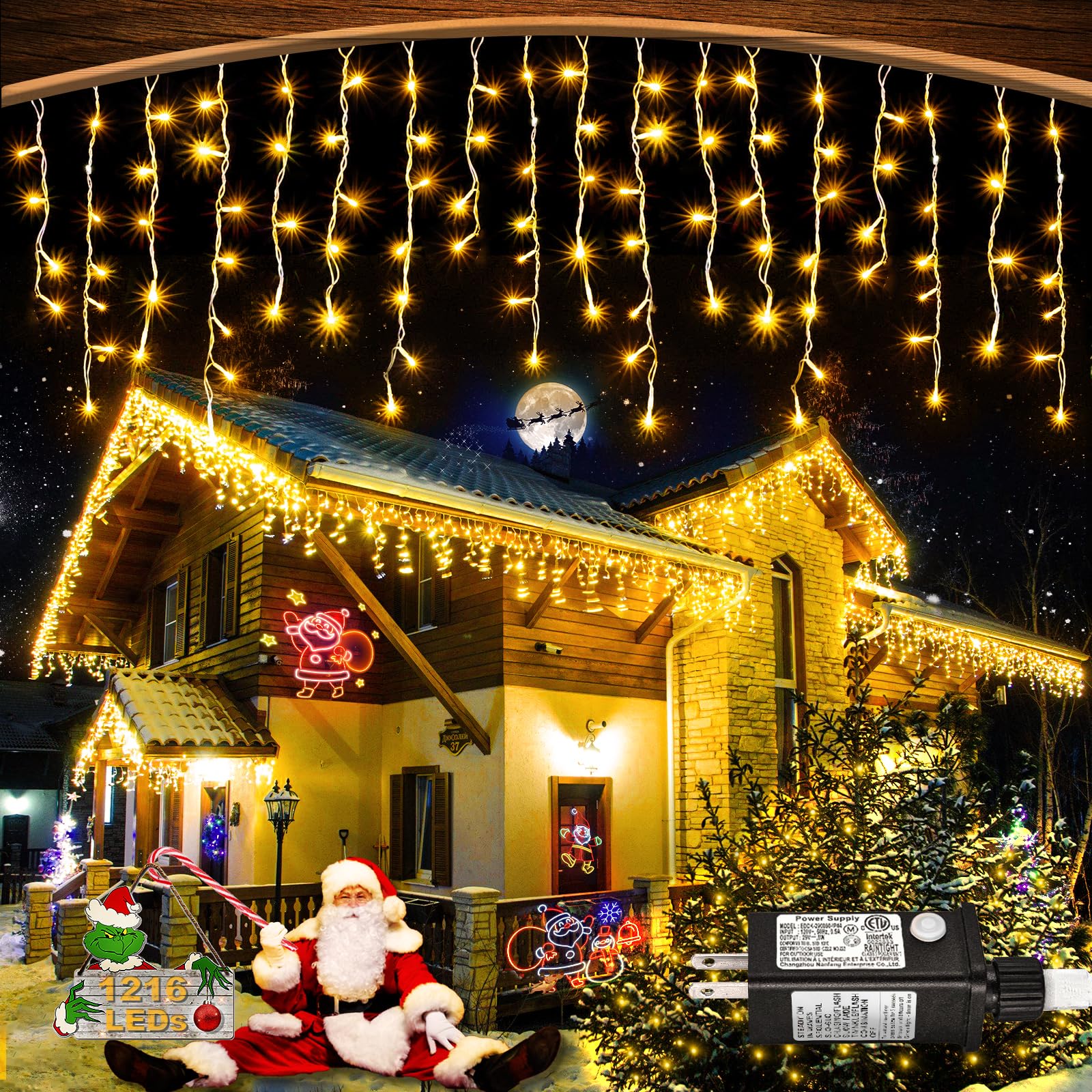 Warm White Christmas Lights Outdoor - 99ft 1216 LED 8 Modes Hanging Dripping Icicle String Lights with 228 Drops, Plug in Waterp