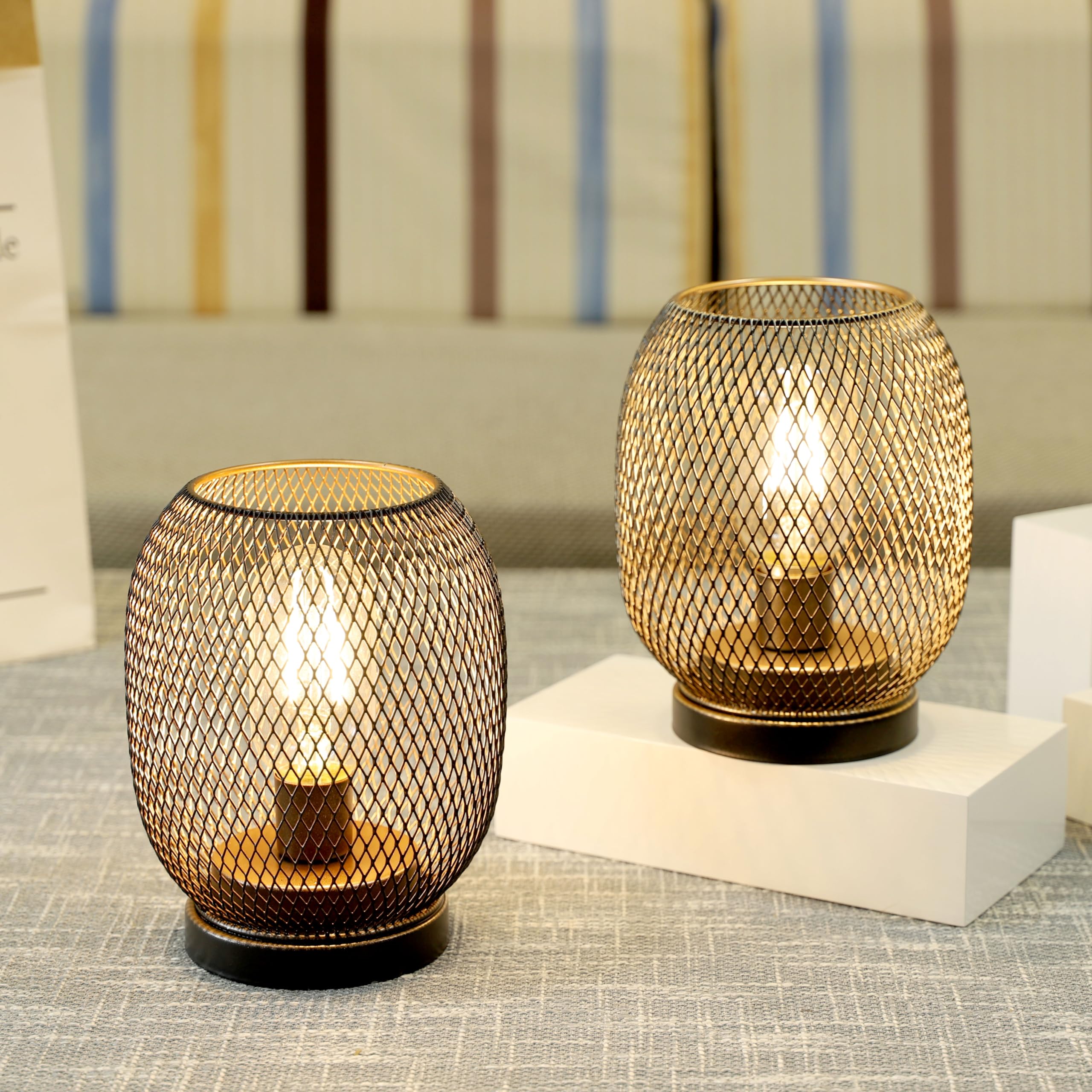 JHY DESIGN Metal Cage LED Lantern Set of 2, Battery Powered, Round Shape, Bronze, Model JHY30132S-R, Indoor/Outdoor Use