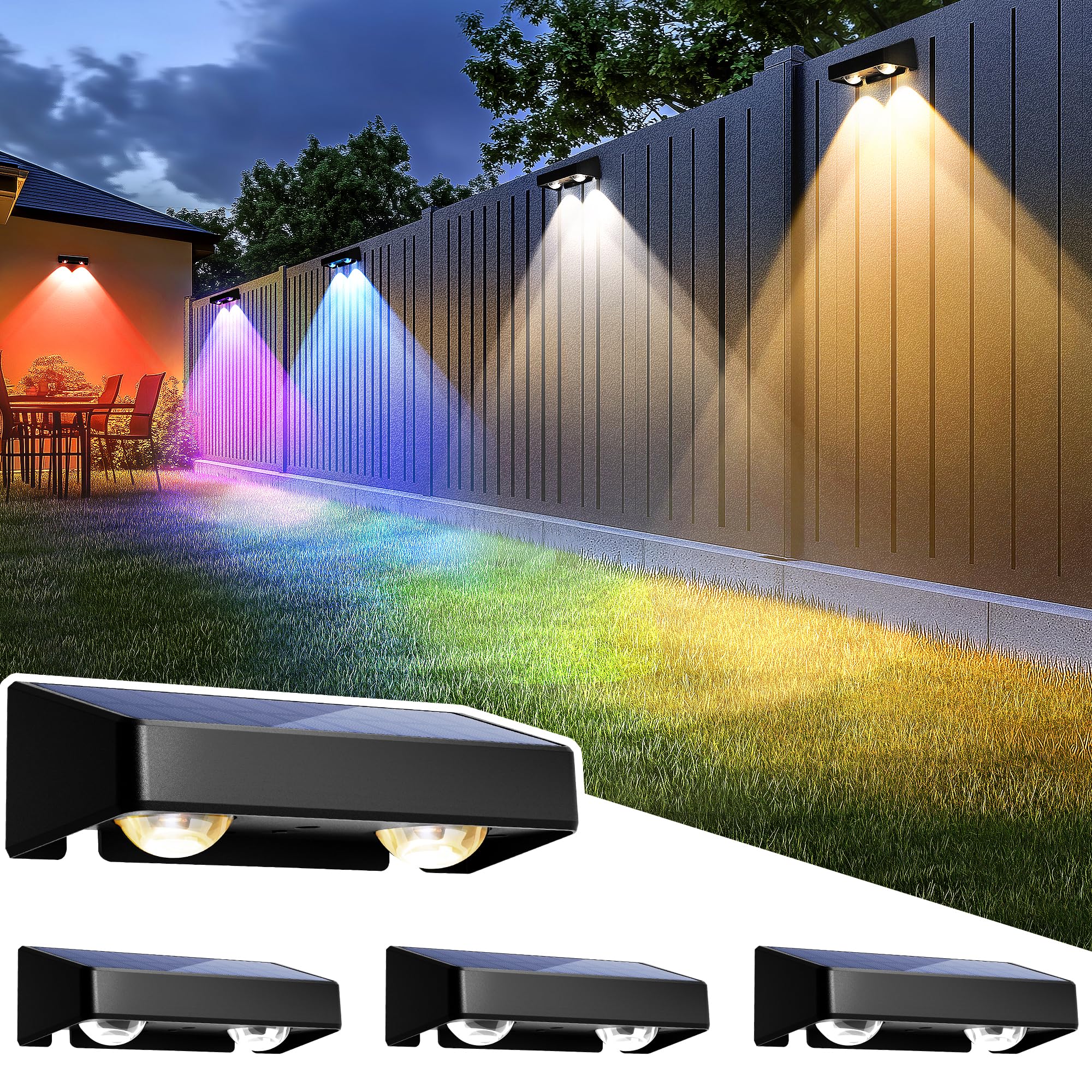 SOLPEX Solar Fence Lights, 4 Pack, Color Changing & Fixed Colors, Waterproof IP65, Black, Model 9362, LED Deck Lighting