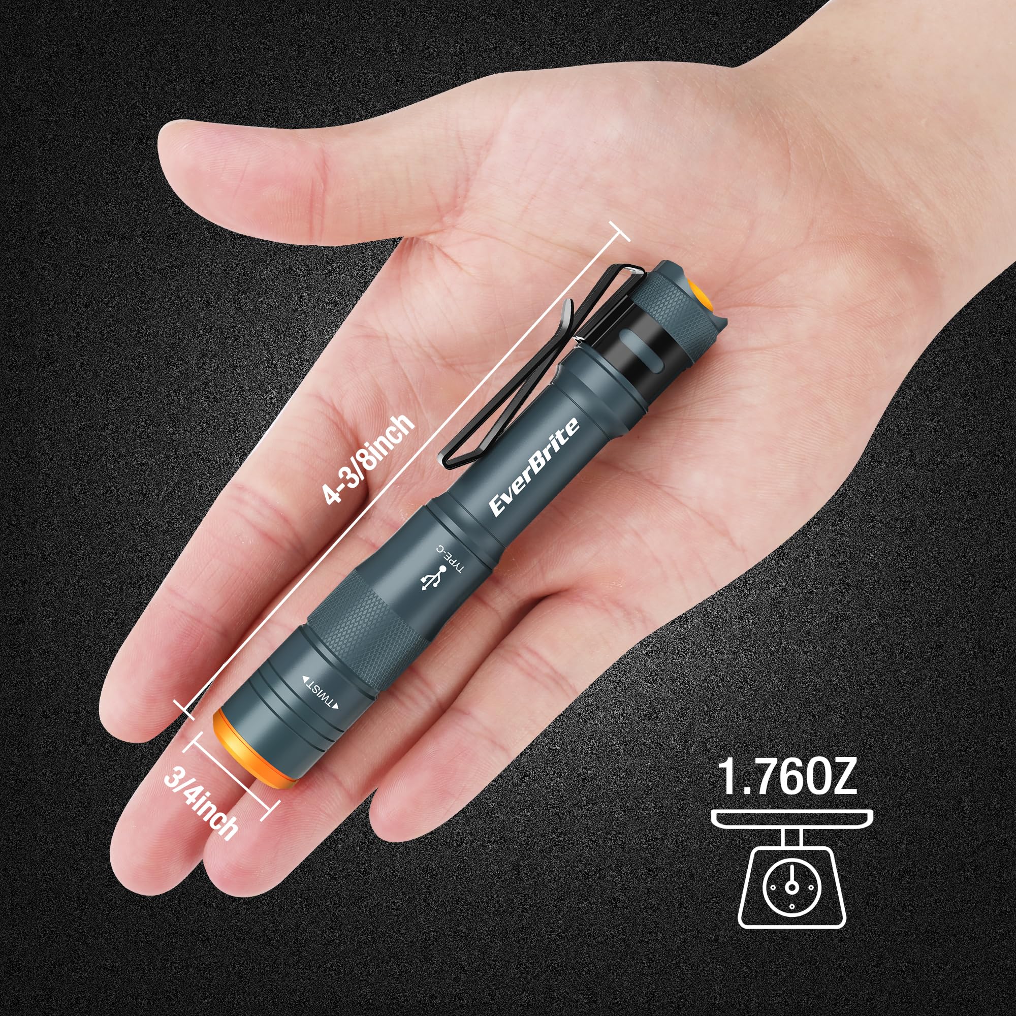 EverBrite Mini Pen Light, Rechargeable Flashlight, 300 Lumens, USB C, 4 Light Modes, Aluminum, Blue, Model E101122AE