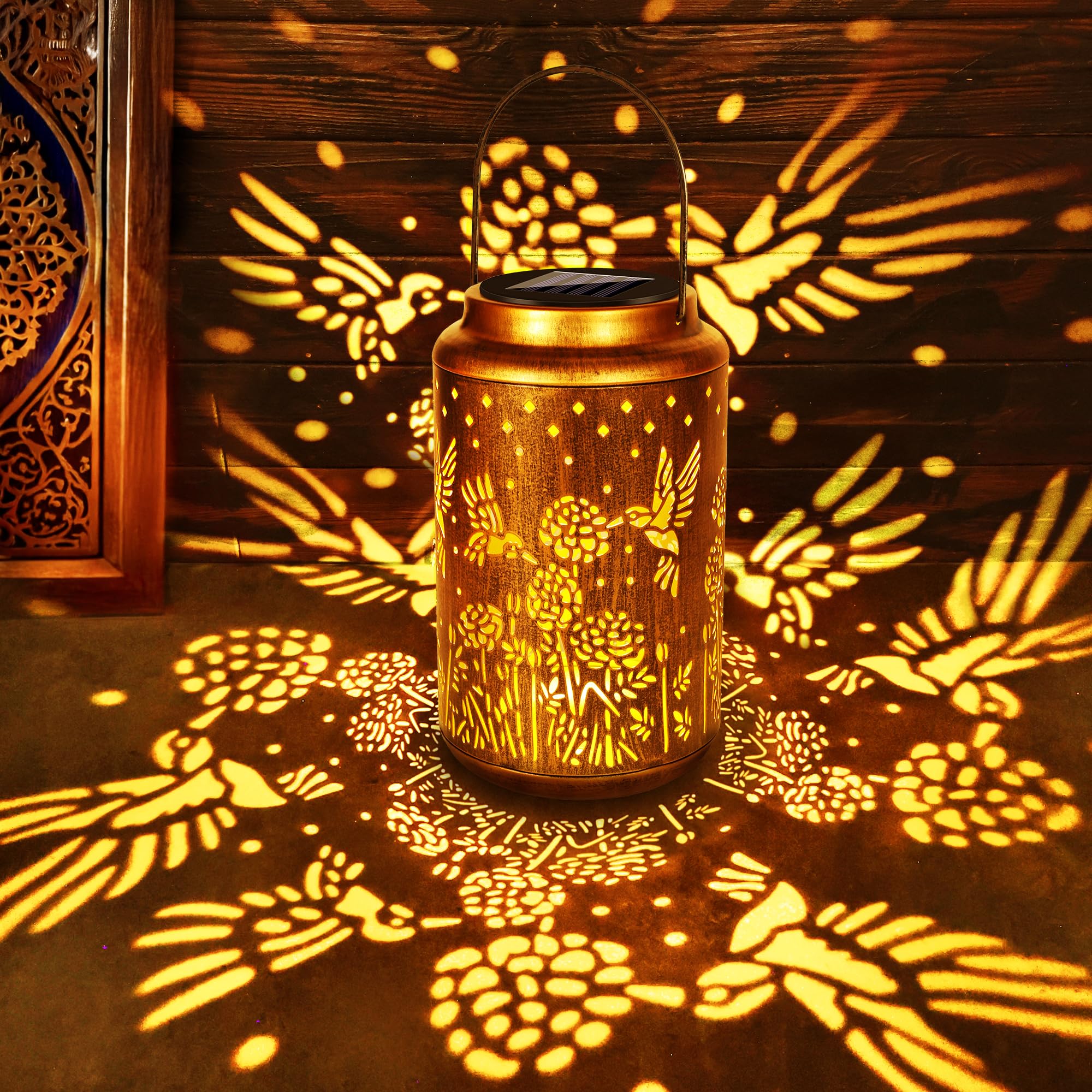 Brizled Hummingbird Solar Lantern Lights, Outdoor LED Hollow Out Hanging Lantern Lights, Warm White Solar Garden Lights Retro Me