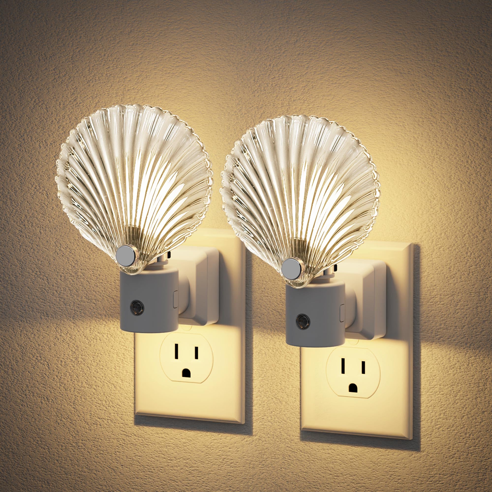 JandCase Night Light, Night Lights Plug into Wall, 2 Pack Dusk to Dawn Sensor Seashell Nightlights, 3000K Soft White Brightness 