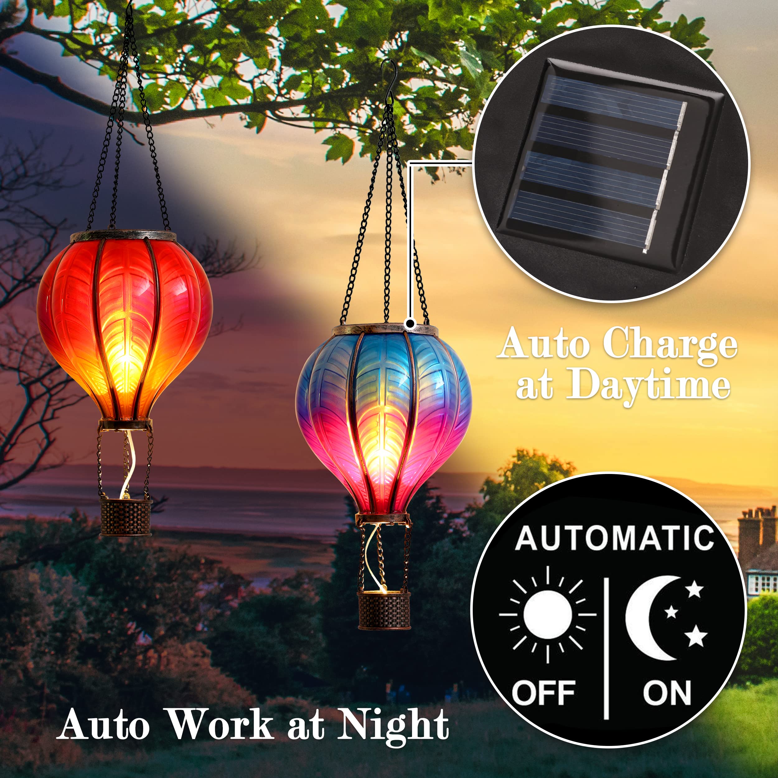 Teresa'S Collections 2 Pack Hanging Solar Lantern Outdoor Garden Decor ,Waterproof Plastic Hot Air Balloon Red Flickering Flame Effect Lantern For Yard Tree,Gift For Mom Lovers,18&quot;