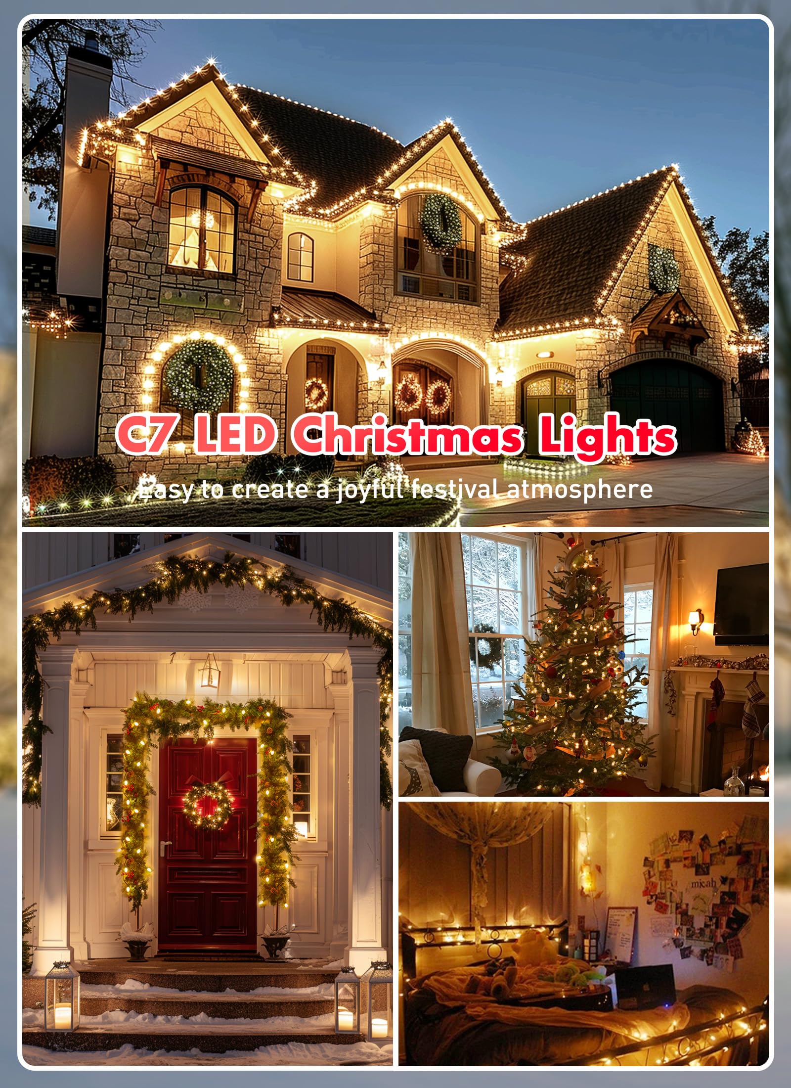 Multicolor C7 LED Christmas String Lights, 50FT 50 Lights C7 Vintage Christmas Lights, Commercial Connectable Christmas Tree Lig