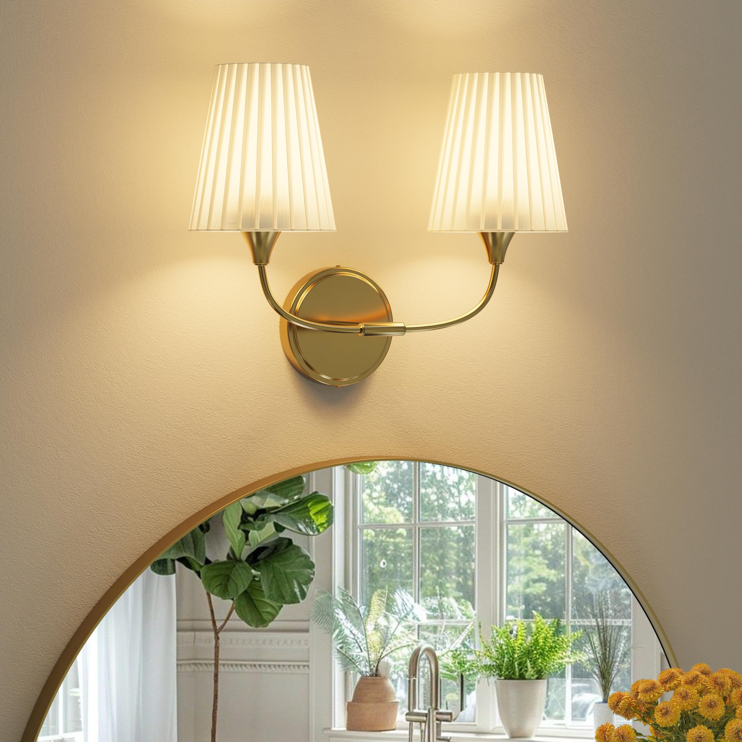 Lanxithen Bathroom Vanity Light with Fabric Shade, 2-Light Bathroom Vanity Light Over Mirror, Modern Light Fixtures for E26 Bulb