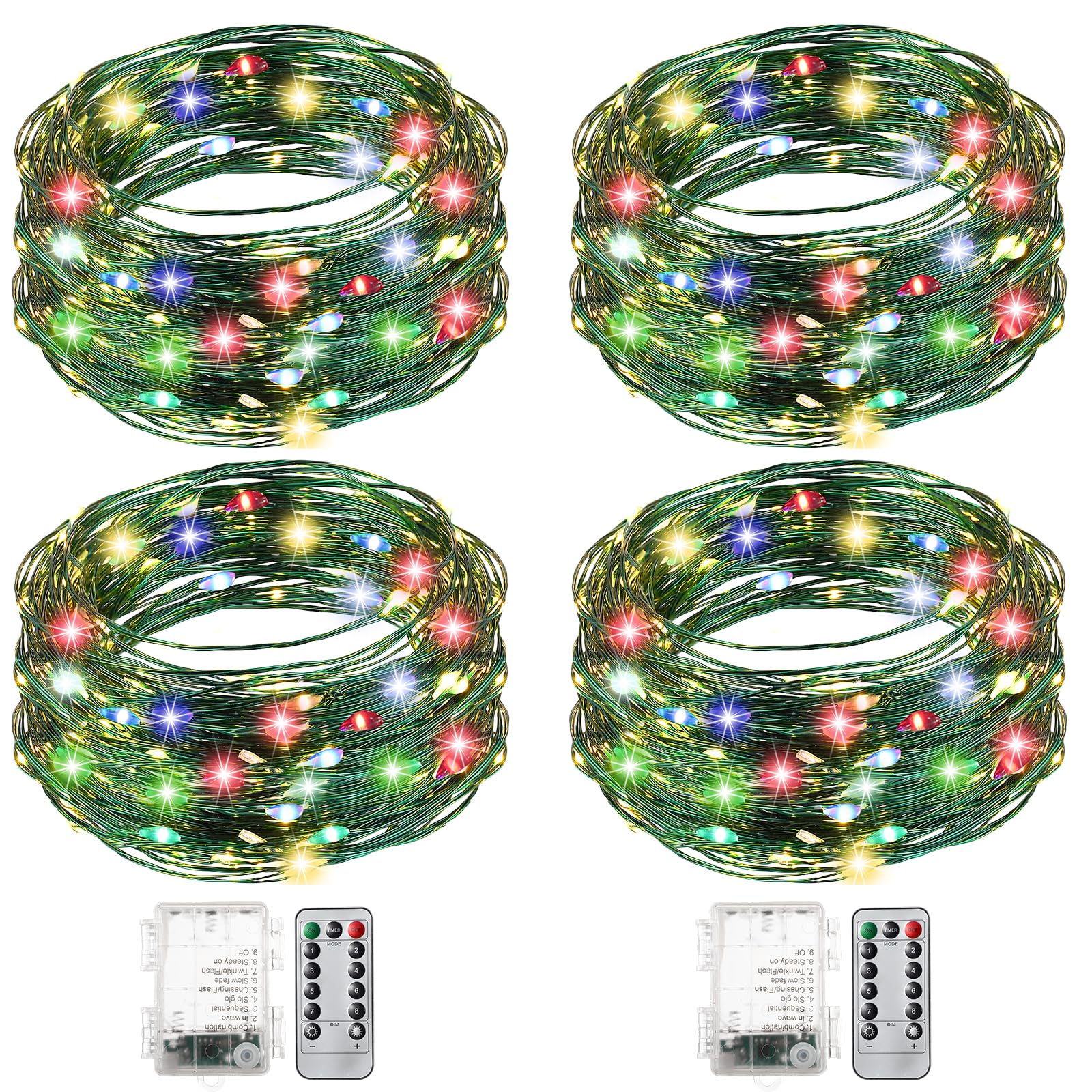 Remagr 4 Pack Christmas Fairy String Lights Battery Operated Green Wire LED Waterproof String Lights with Remote 8 Modes for Chr