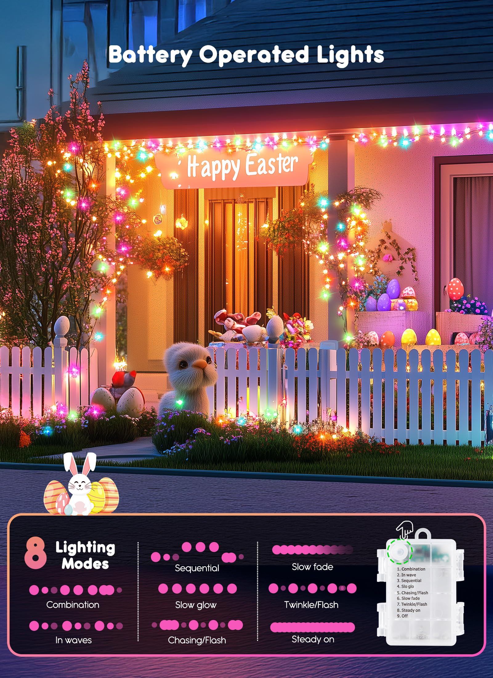 33Ft 100 Led Outdoor String Lights, Fairy Lights Battery Operated With Remote, Waterproof Twinkle Lights For Bedroom Dorm Tapestry Backyard Garden Party Indoor Easter Decoration, Pink + Multicolor