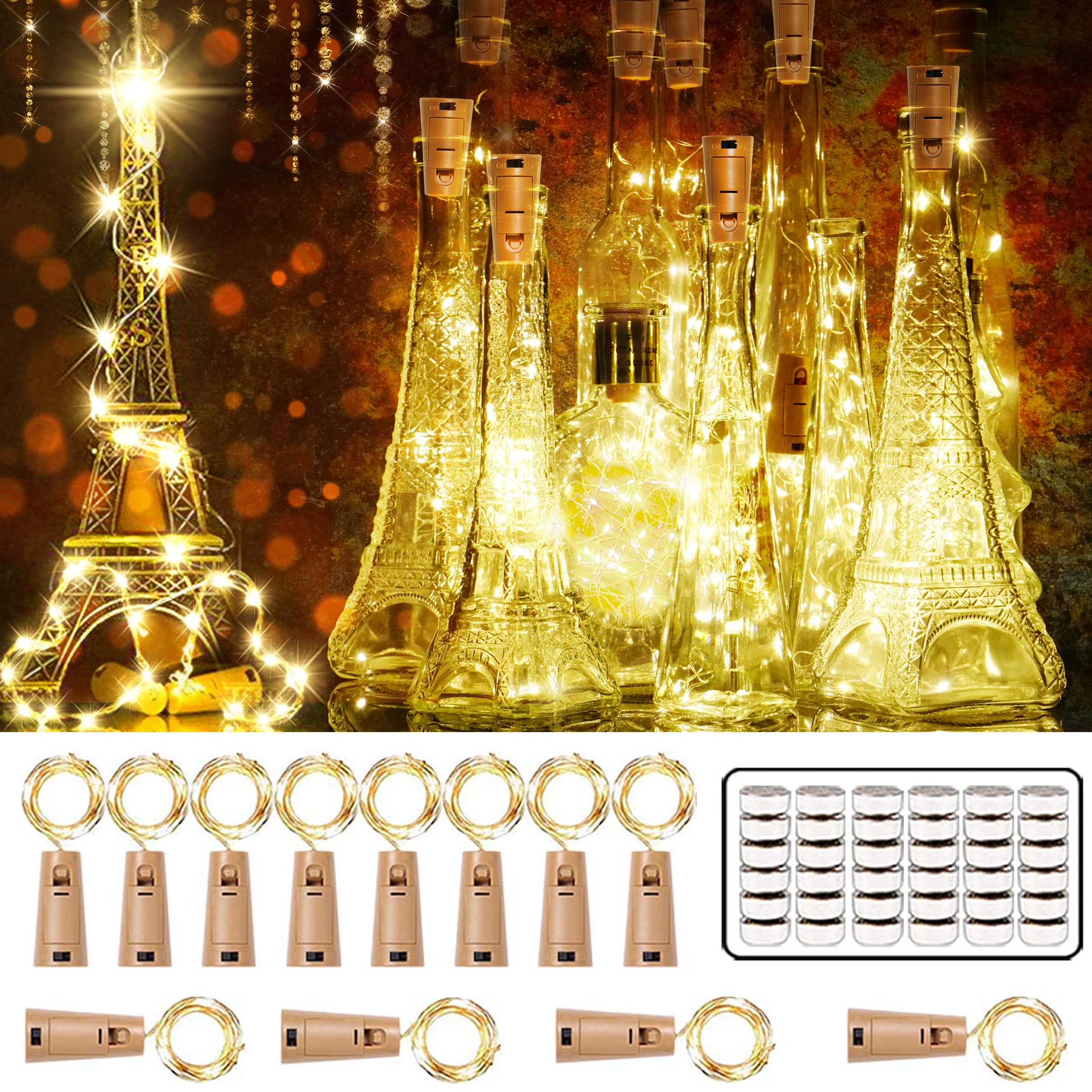 SmilingTown 12 Packs 20 LEDs Beverage Bottle Lights with Cork - Silver Wire Cork Lights Battery Operated Fairy Mini String Lights for DIY  Christmas Valentine Day Wedding Party Decor (Warm White)