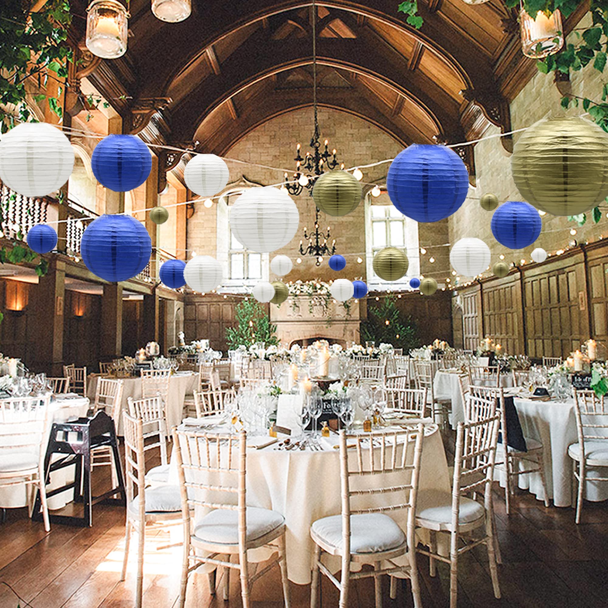 MEIDUO Paper Lanterns 15pcs Party Decorations, Navy Blue Gold, Indoor Outdoor, Model: PaperLanterns-021, Paper Material