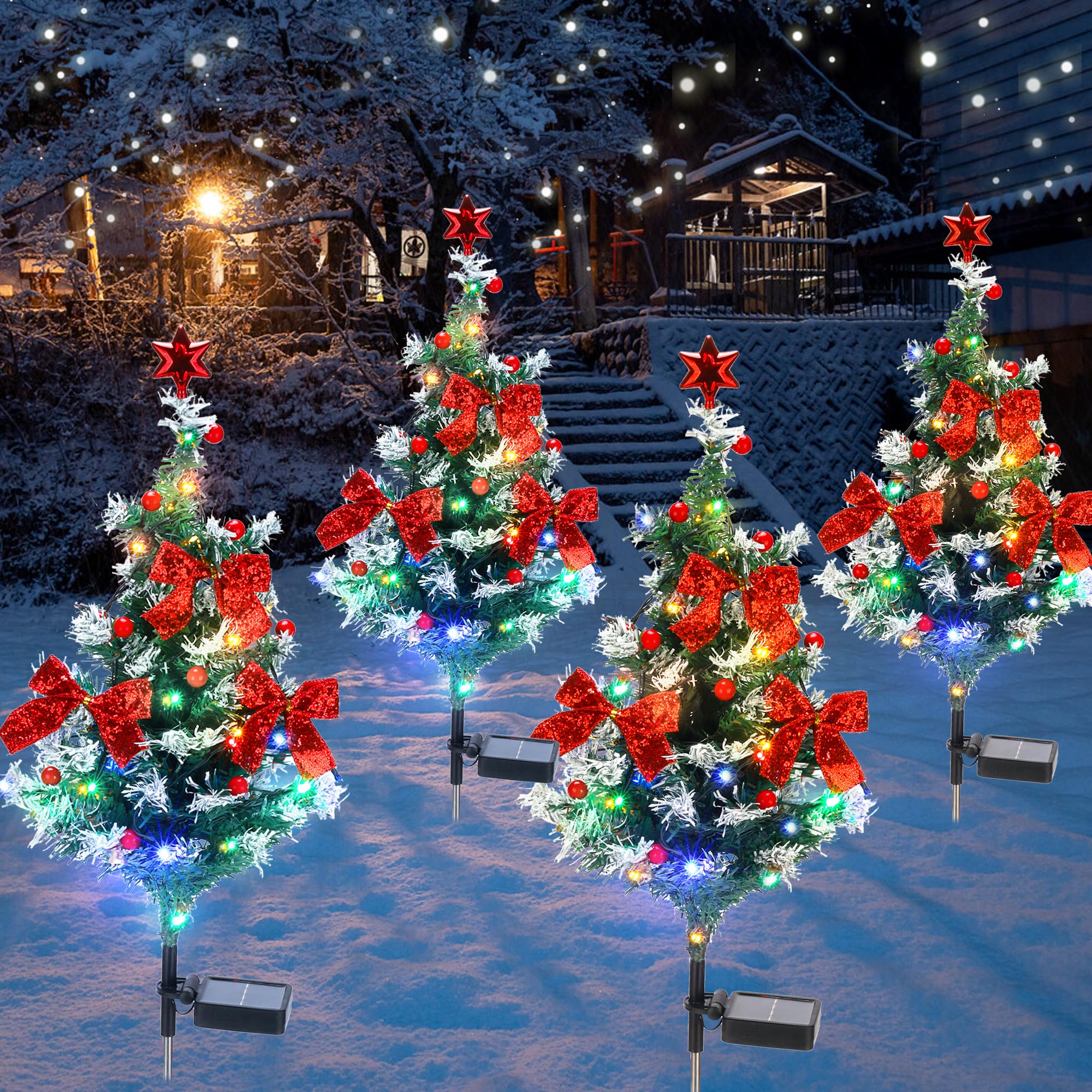 ULAROOM Solar Christmas Tree Light - Christmas Waterproof Small Pathway Lights  Outdoor Lights Christmas Decorations Cedar Xmas Tree with 20 LED Lights in 4 Colors for Garden/Yard/Patio  4 Packs