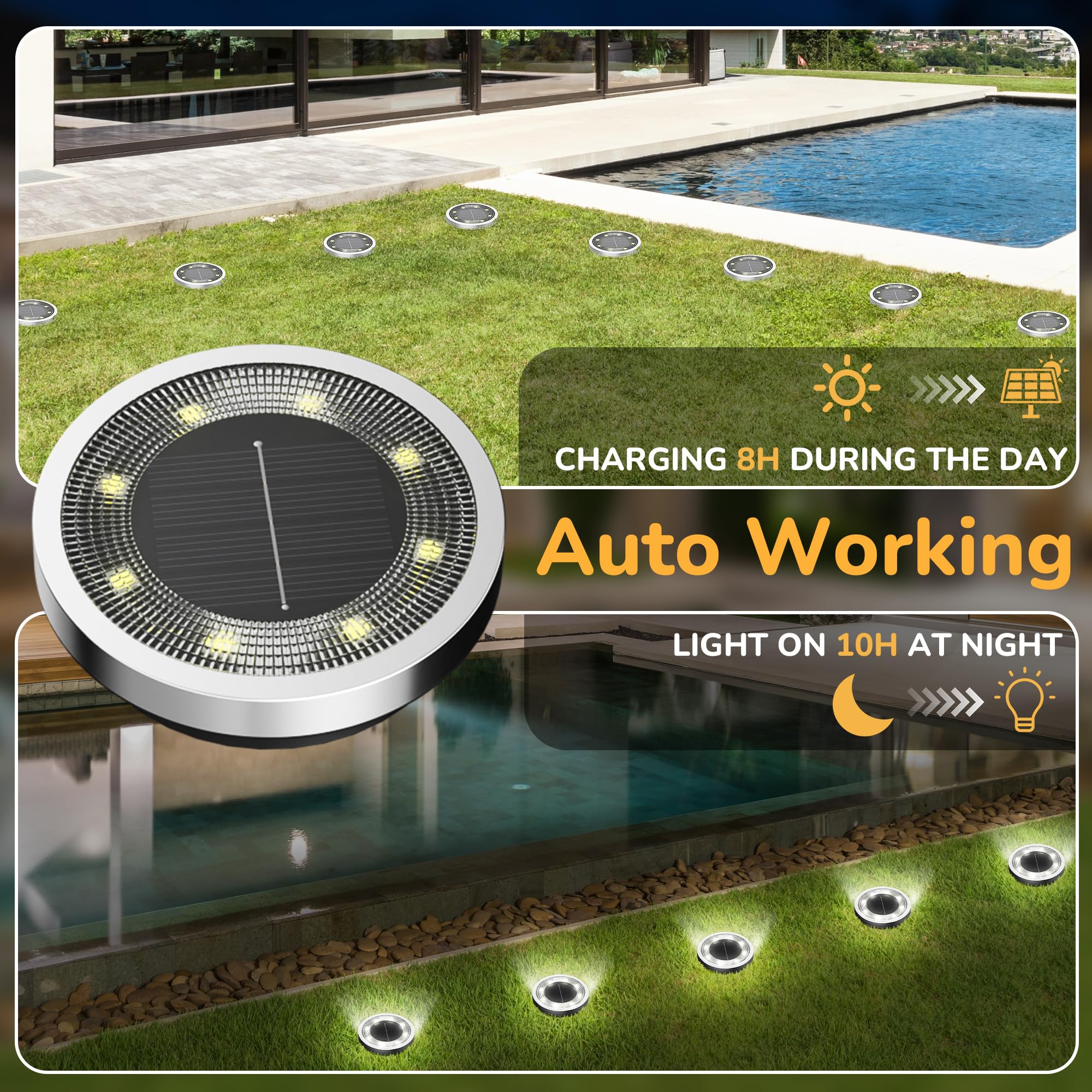 INCX Solar Ground Lights, 16 Pack, Waterproof Outdoor Lighting for Patio, Pathway, Lawn, Cold White