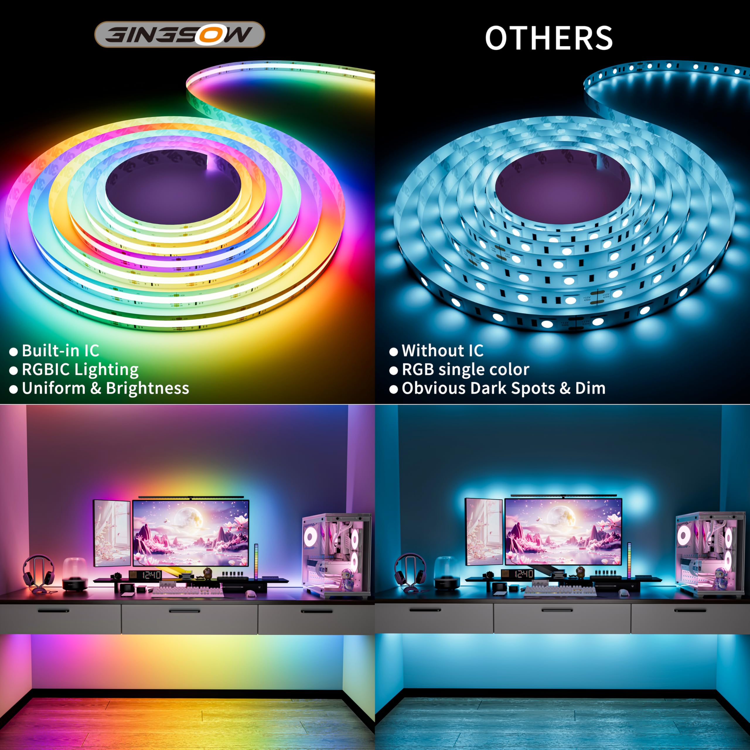 Gingsow Rgb Smart Ic Cob Led Strip Light 18Ft Addressable Chasing Color 12V Led Light Strip Multicolored Flexible Rgb Lights Kit With Music Mode For Party  Decoration  Home Diy Lighting Projects
