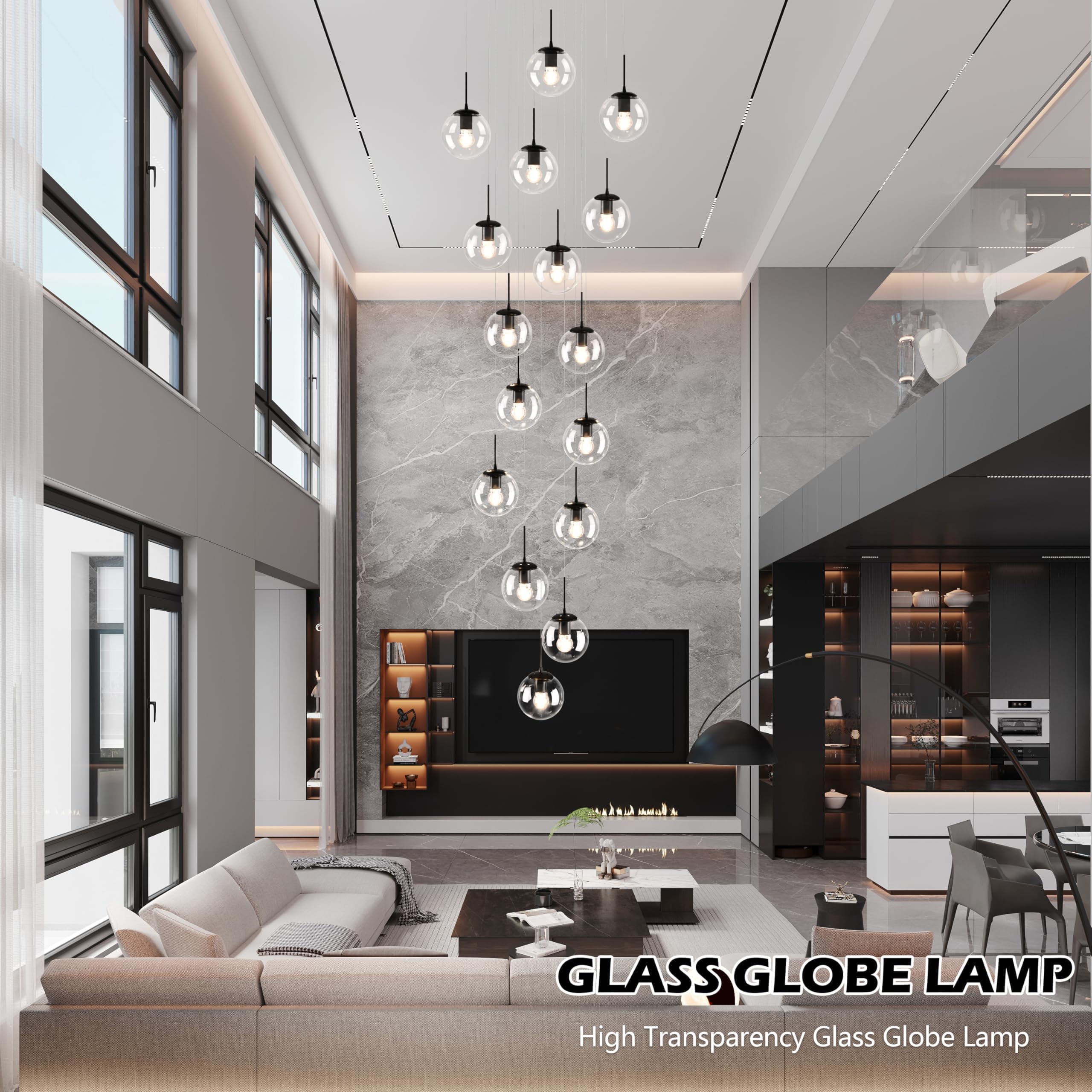 Koko&Yukina 16-Light Black Mid Century Modern Chandelier For Living Room Staircase Chandelier For Entryway Clear Globe Glass Cha