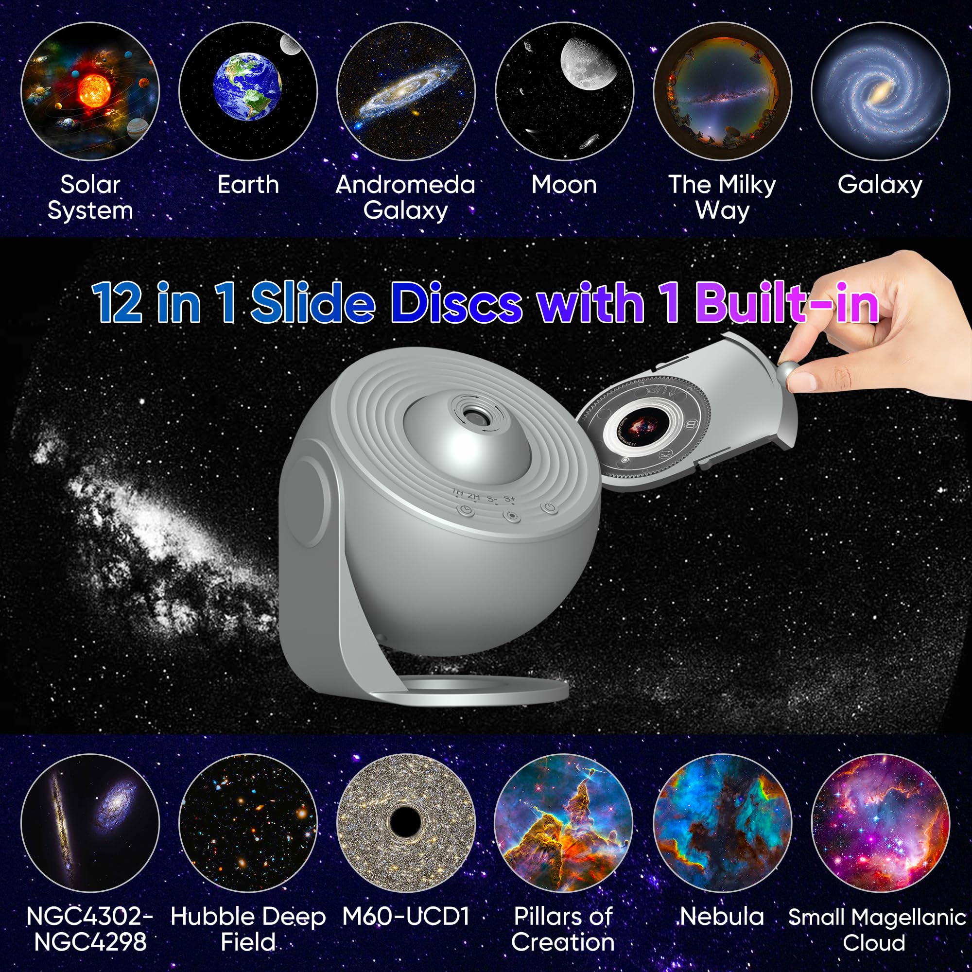 Xeefeel Galaxy Projector, 13-in-1 Star  tarium Night Light, 360° Rotating, Silver, Medium, Model BL-DQY02