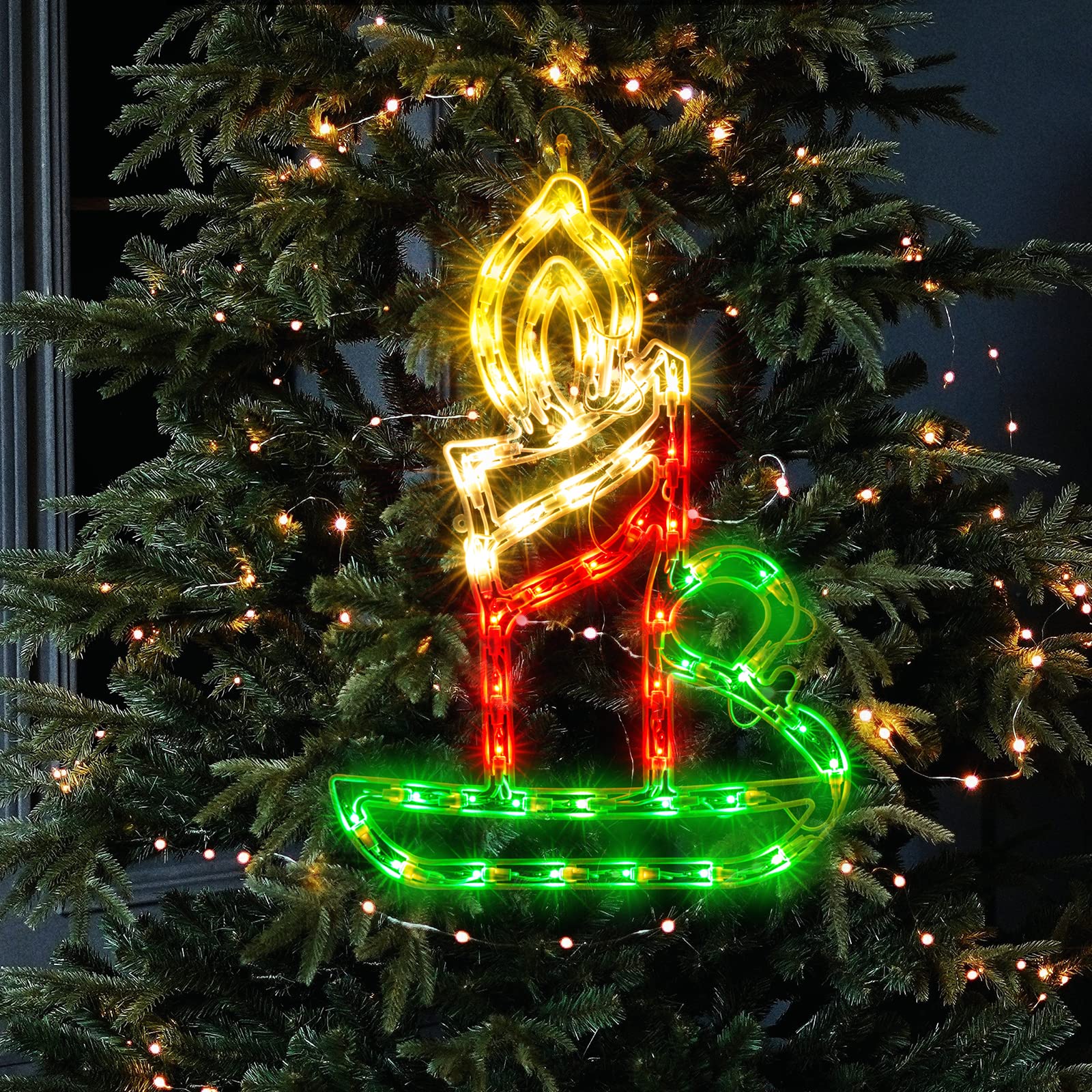 JUSTPRO Christmas Window Silhouette Lights, Lighted Candle Double Sided Decorations with 50 Count Incandescent Mini Light, for Holiday Indoor Wall Door Glass Decor