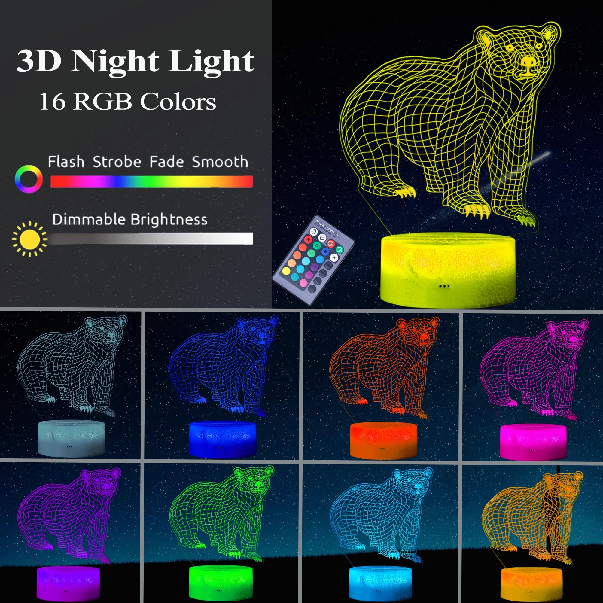 Posshe Polar Bear Night Light, 3D Illusion Lamp, Rgb16 Colors Changing, Remote Control, Dimmable, Kids Room Decoration, Xmas Bea