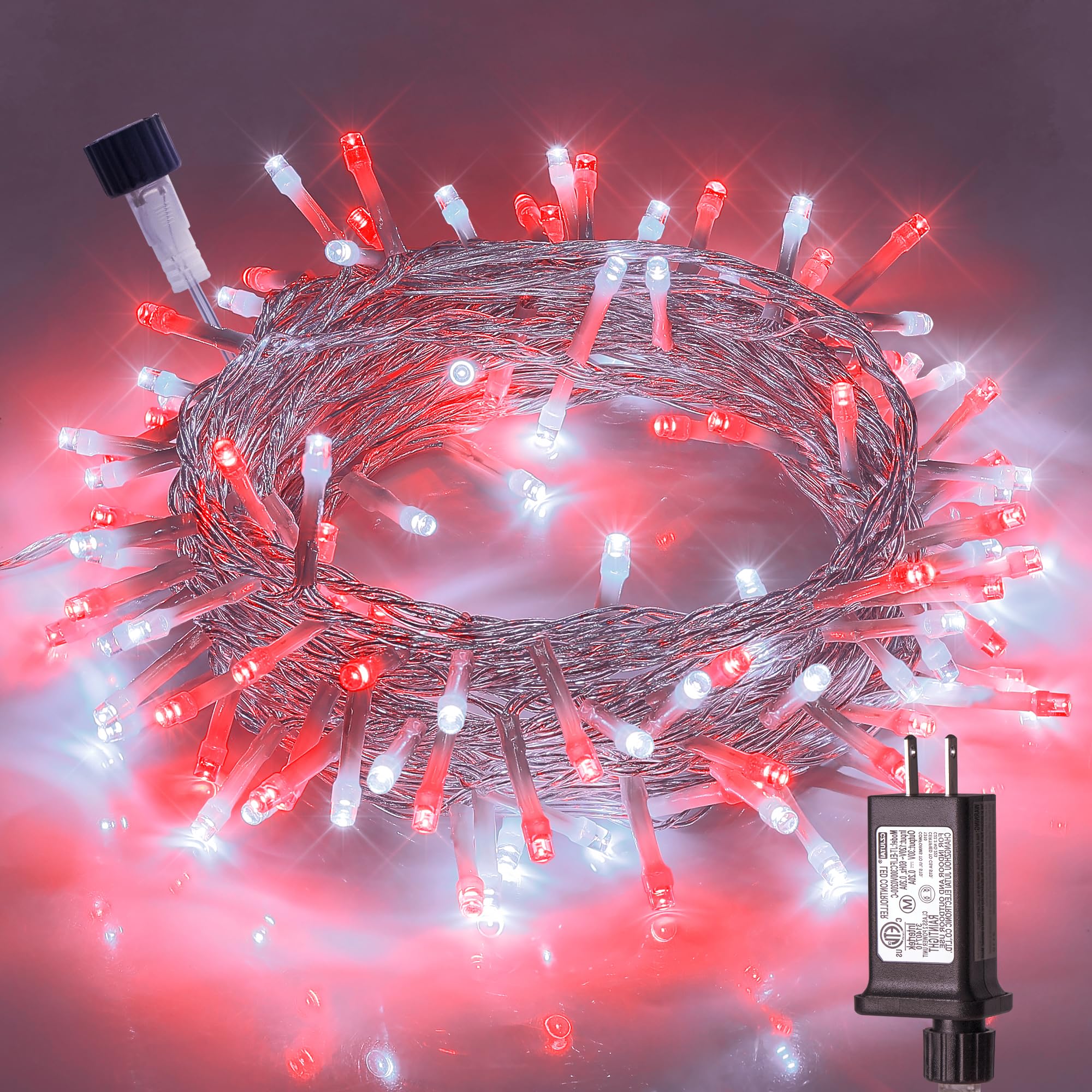 Hopolon 33FT 100 Led String Lights Indoor Outdoor Red and White Christmas Lights Clear Wire Connectable Waterproof Twinkle Fairy Light Plug in for Tree Valentines Day Bedroom Wedding 100 LED Red White