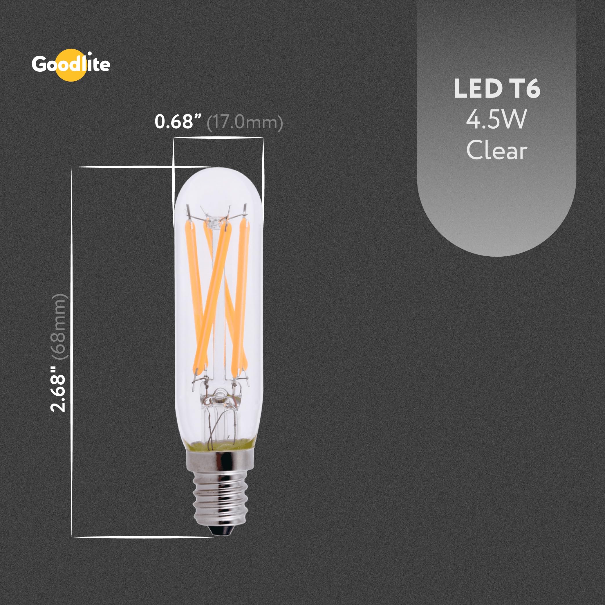 Goodlite G-19868 T6 Tubular Led 4.5W Filament, E12 Base, 60W Equivalent 500 Lumens, Warm White 2700K, Dimmable, Ul Listed