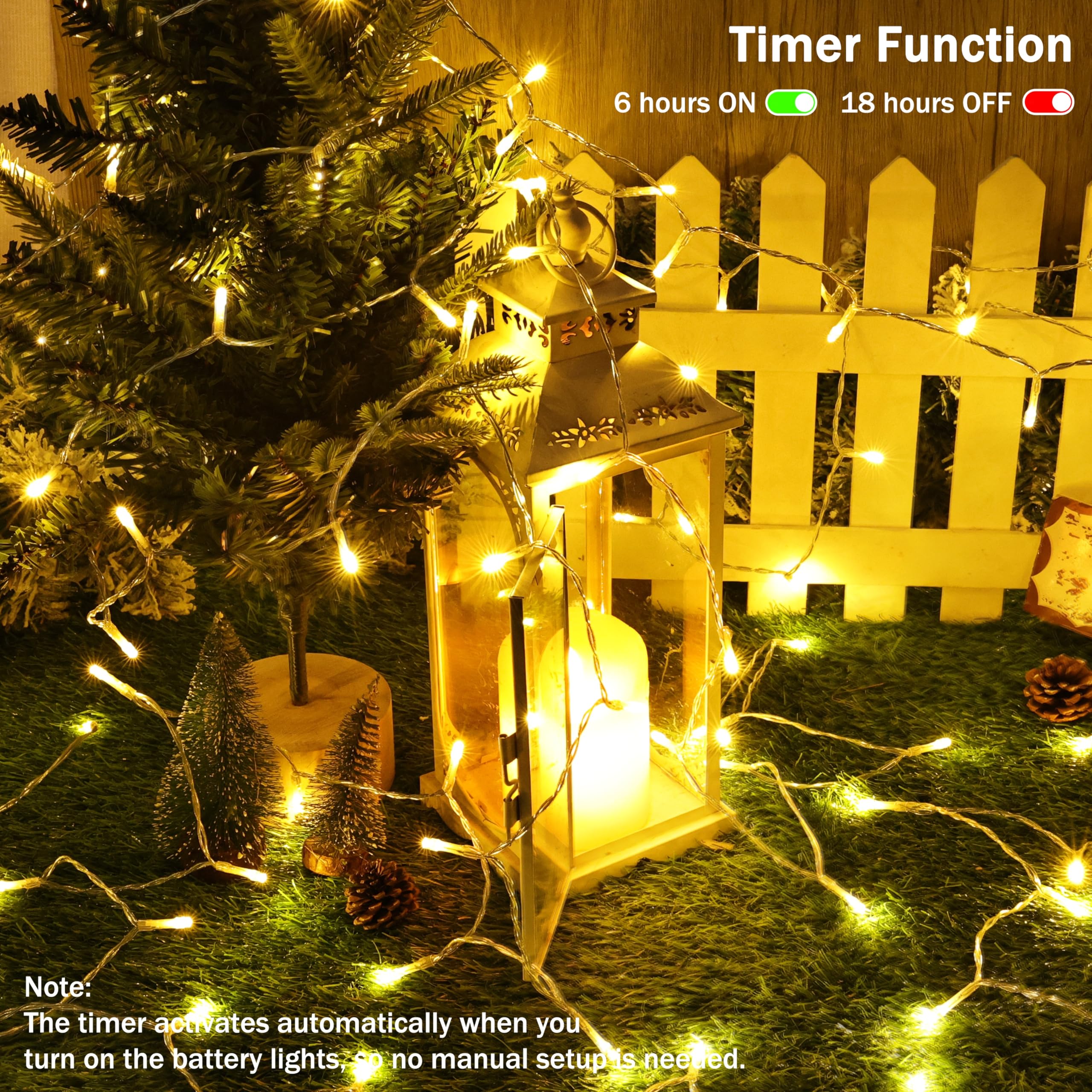 Lomotech Battery Operated Christmas Lights 66ft 200 LEDs Waterproof 8 Modes Clear Wire Warm White - Model LED08230200