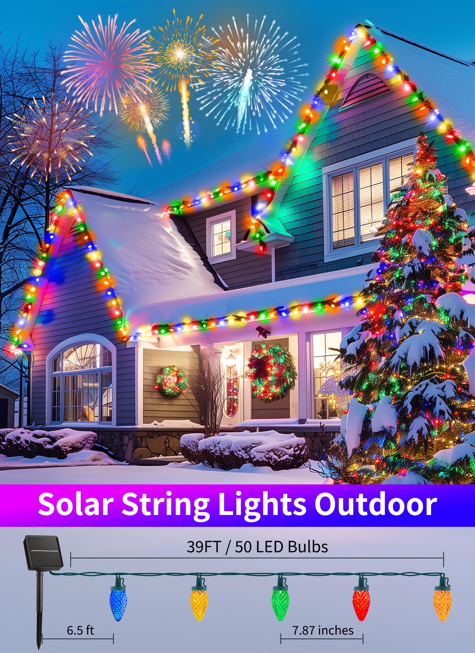 Minetom Solar Christmas Lights, 50 LED C9 Multicolor String Lights, Waterproof with Timer & 8 Modes for Outdoor Garden Party Decoration