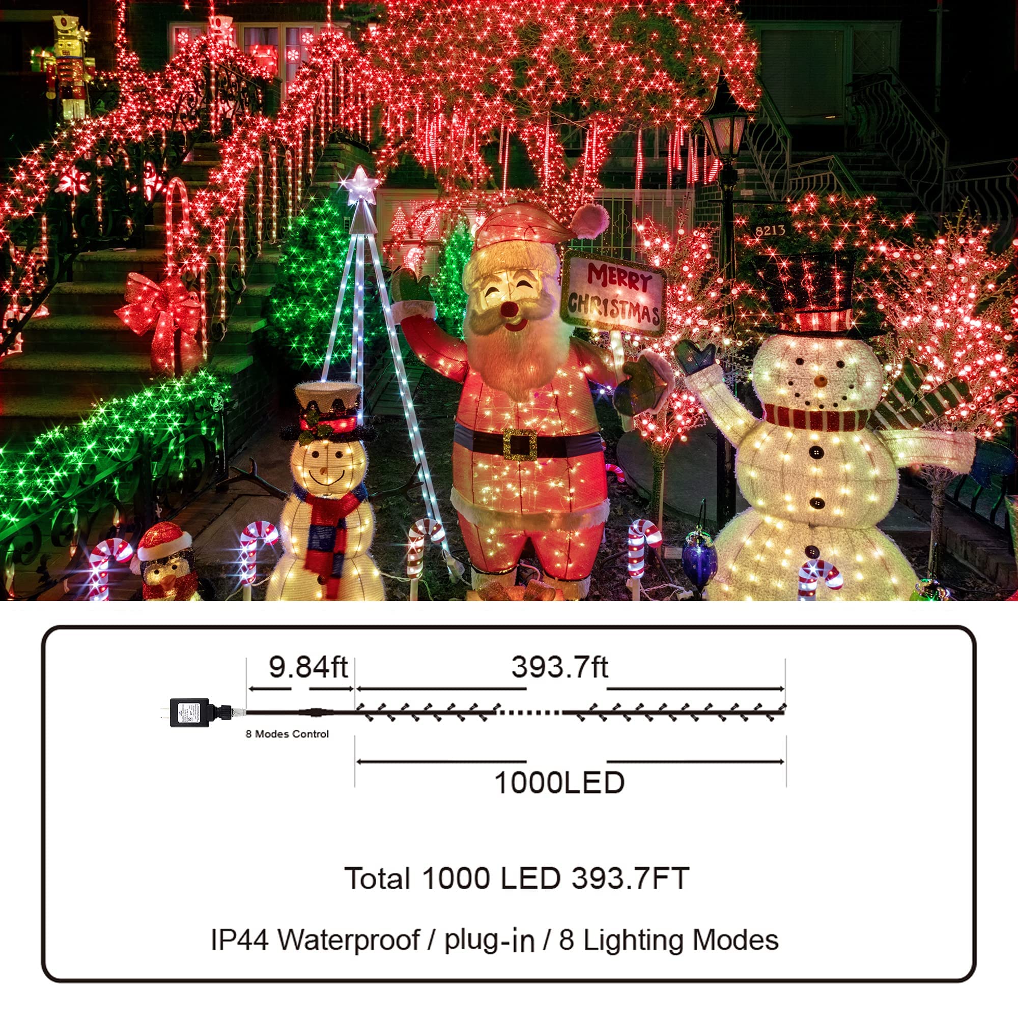 KNONEW 403ft 1000 LED String Lights Outdoor Christmas Lights 8 Modes & Timer Fairy Light Plug in Waterproof LED String Lights fo