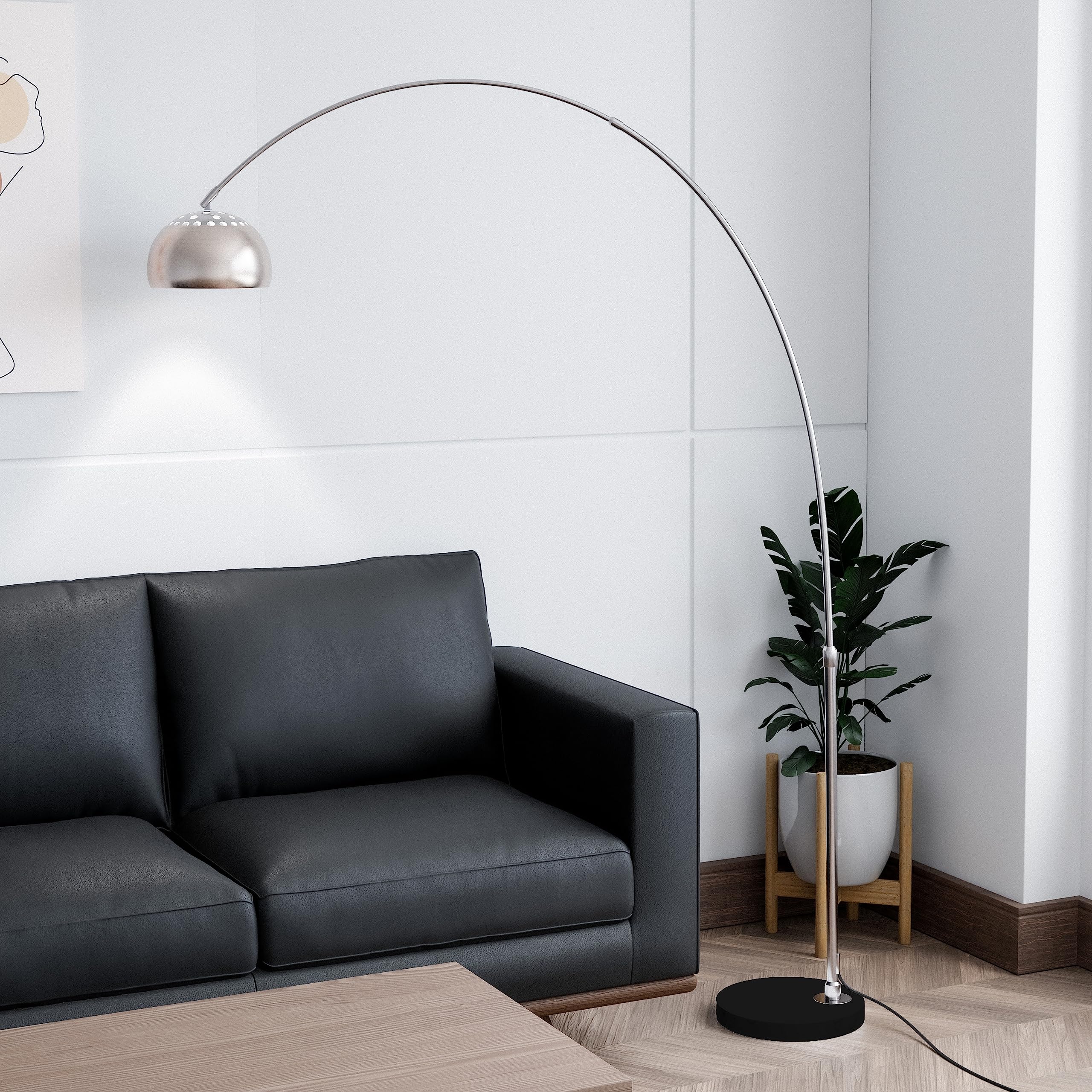 Leisuremod Arco Mid-Century Modern Arched Floor Lamp 75.6" Height With Black Round Marble Base And Metal Dome Lamp Shade For Living Room And Bedroom (Silver)
