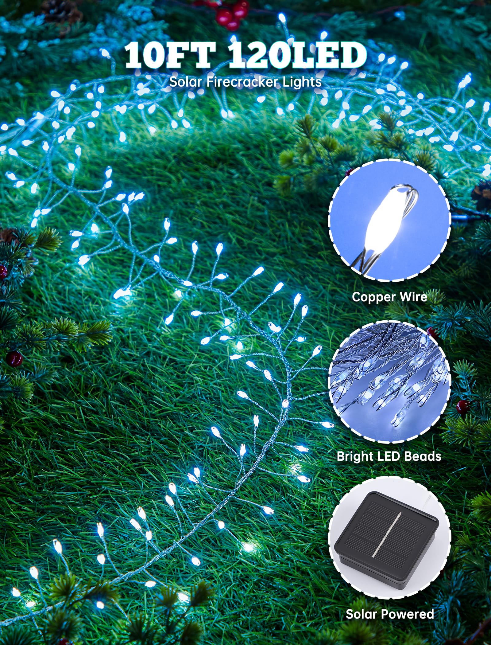 Brightown Solar Lights For Outside, 9.8Ft 120 Led Solar String Lights Outdoor Waterproof, 8 Modes Firecracker Balcony Lights For