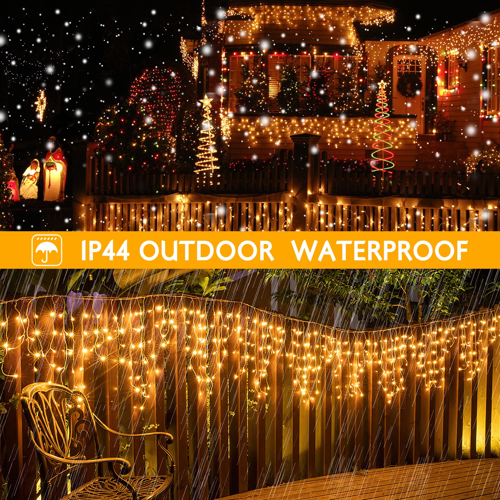 AGIRL 400 LED Icicle Lights Outdoor Waterproof Warm White Fairy String Lights 32.8Ft 8 Modes Model GP-SW240DC0250-IP44