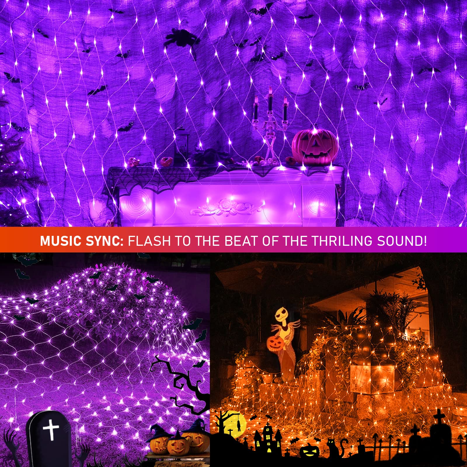 JMEXSUSS Halloween Net Lights, 200 LED Color Changing, Waterproof, Orange to Purple, 9.8FT x 6.6FT, Model EXS-N-0200