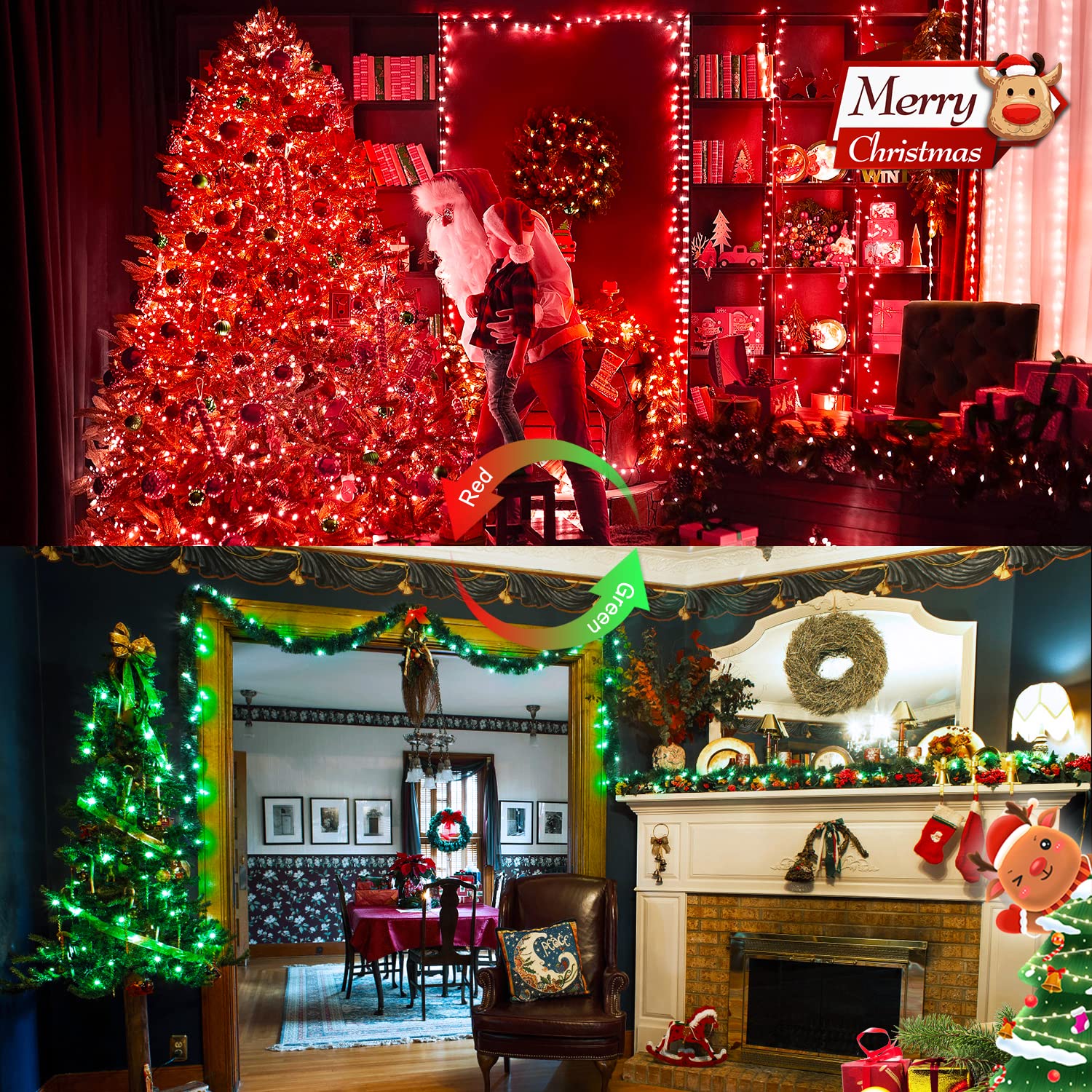 Jmexsuss 100 Led Red & Green Christmas Lights Plug In, 11 Modes Christmas String Lights Indoor With Remote, 33Ft Connectable Color Changing Christmas Lights Outdoor For Christmas Party Decor