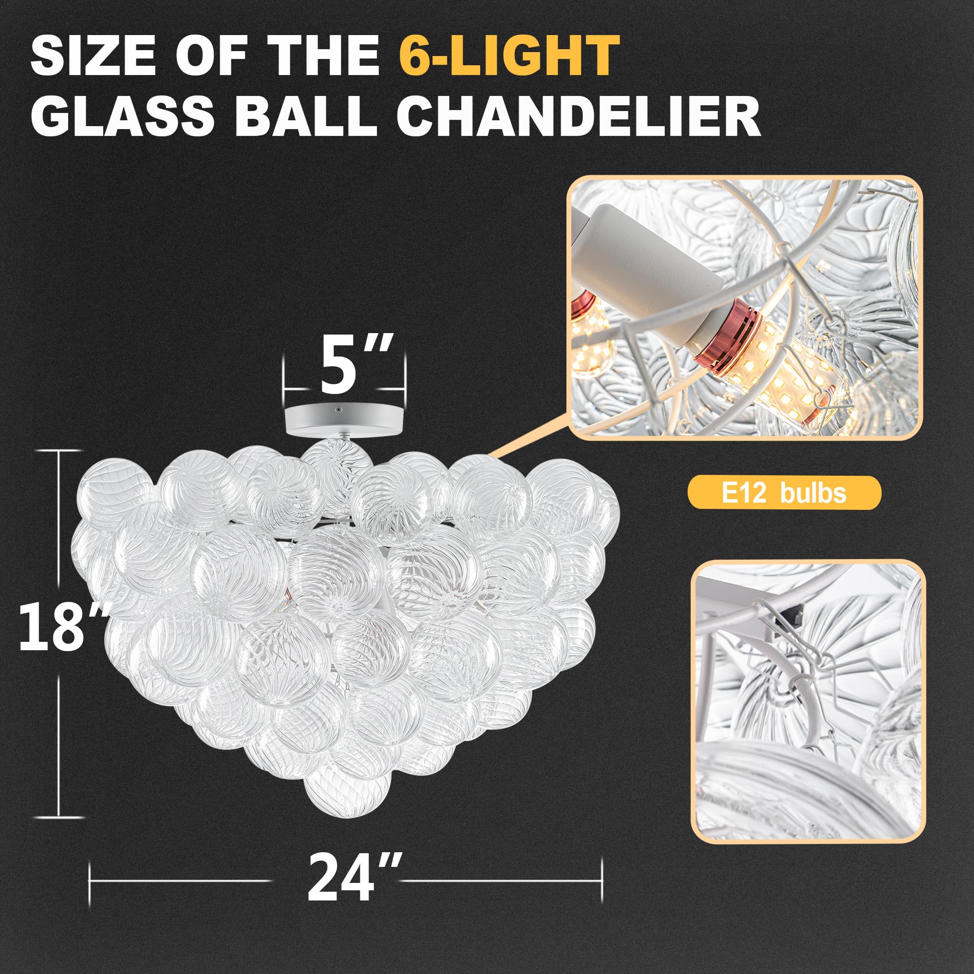 Beypan Bubble Glass Ball Chandelier White Finish 24'' Dia Semi-Flush Mount Ceiling Lights Clear Ribbed Blown Glass Globe Chandel
