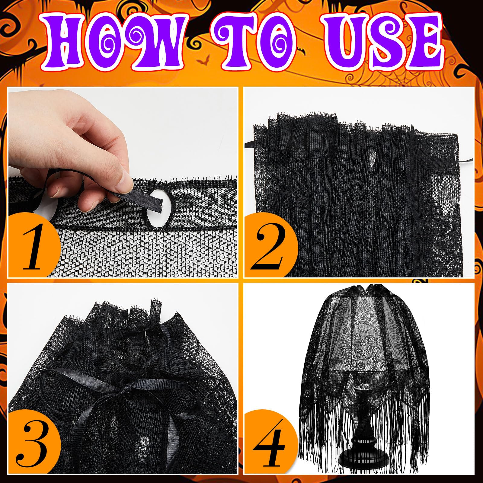 Baquler 2 Pcs Halloween Lamp Shade Cover Black Lace Lampshades Bat Skull Halloween Decorations For Halloween Party Supplies