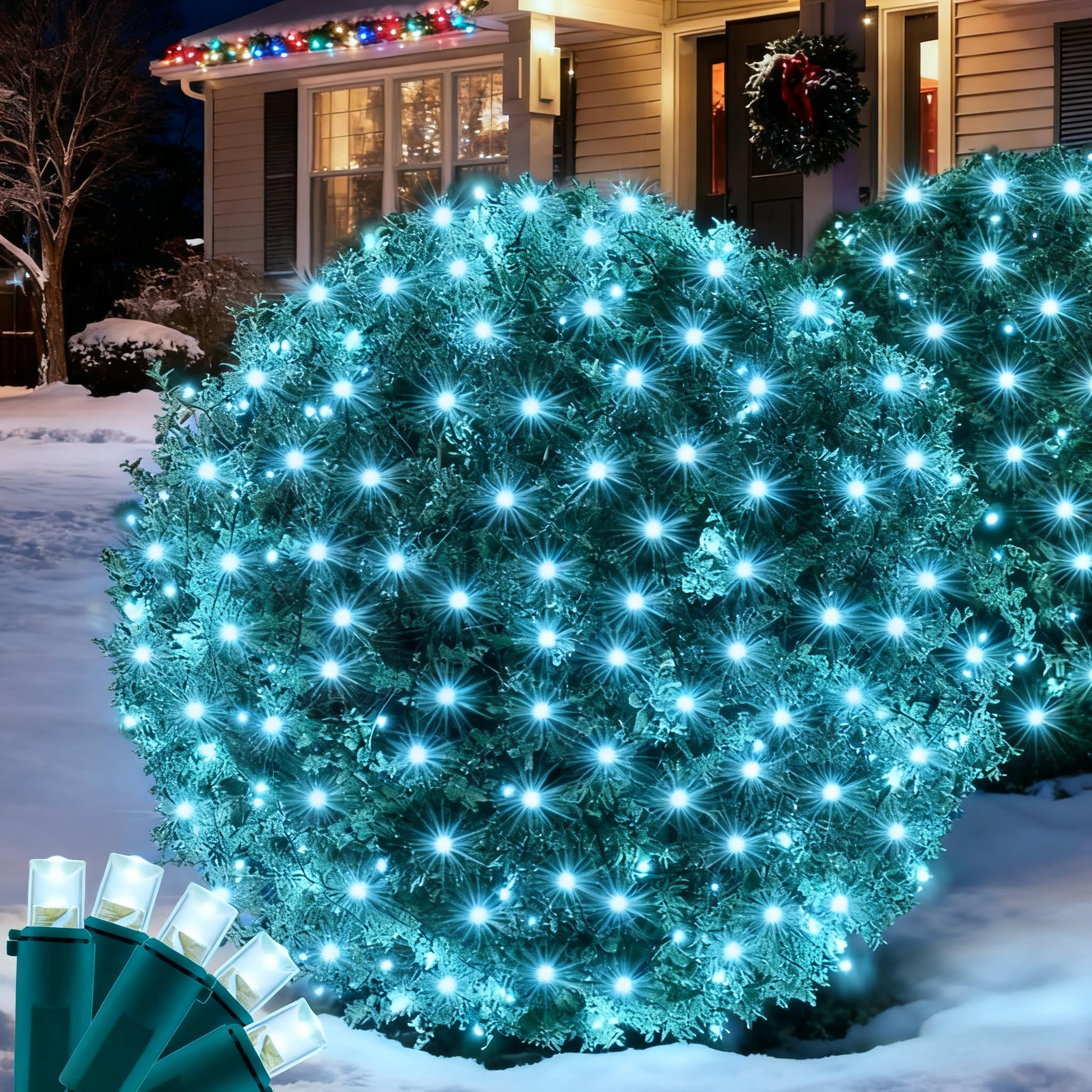 Wabarle White Christmas Net Lights for Bushes Outdoor  132LED 6FT x 6FT Connectable UL Certified Net Lights for Bushes Tree Shrubs Xmas Trunk Green Wire Christmas Decorations(Cool White)