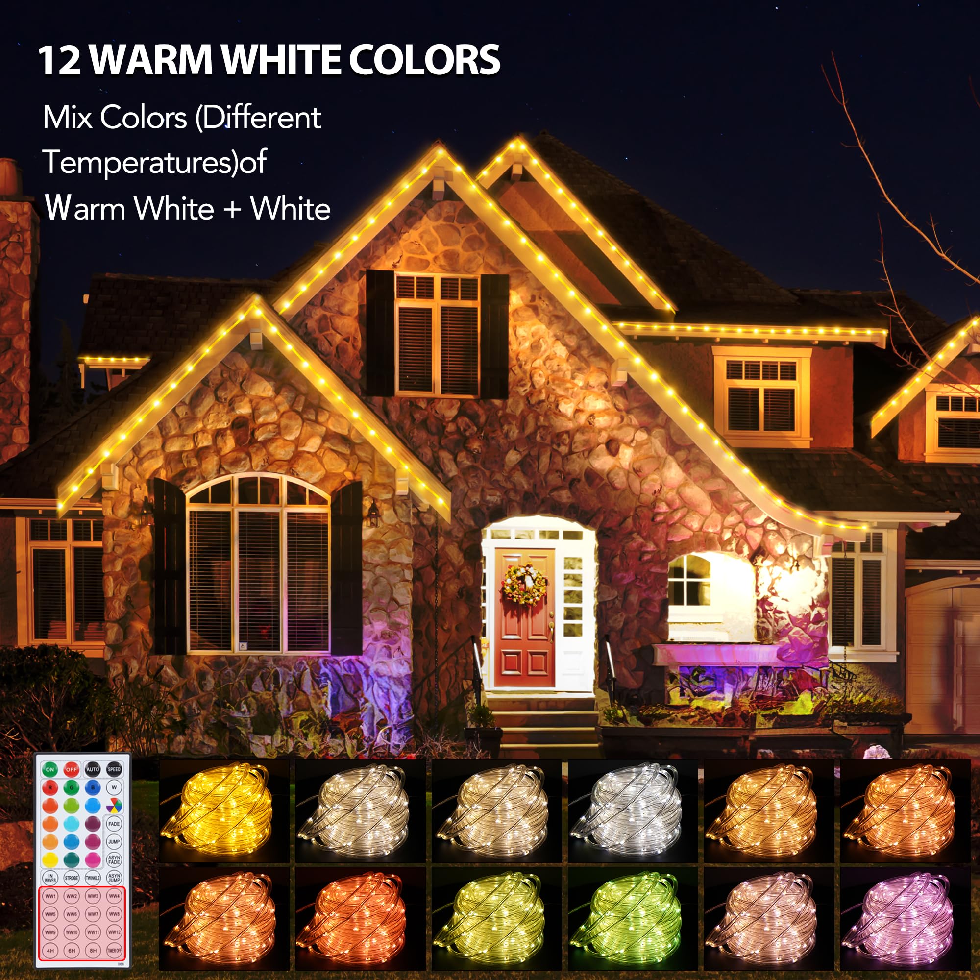 Rope Lights Outdoor Color Changing, 33Ft Warm White Rope Lighting 100 Led String Lights Plug In With Remote, 30 Colors Rope Ligh
