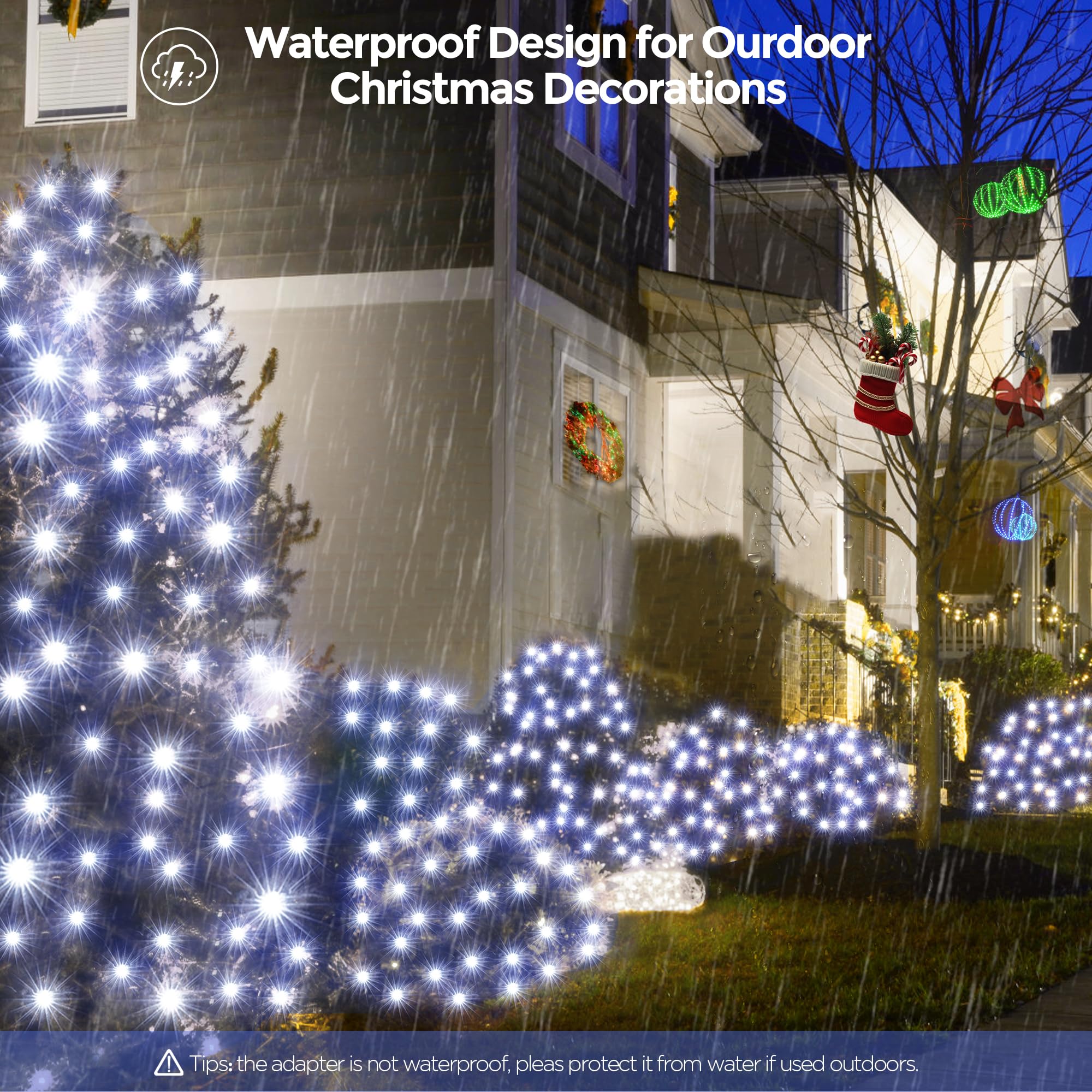 WBao Outdoor Christmas Lights, 360LED Net Lights, 11.5ft x 6.9ft, Waterproof, 8 Modes, Cool White, Model EDK-290060