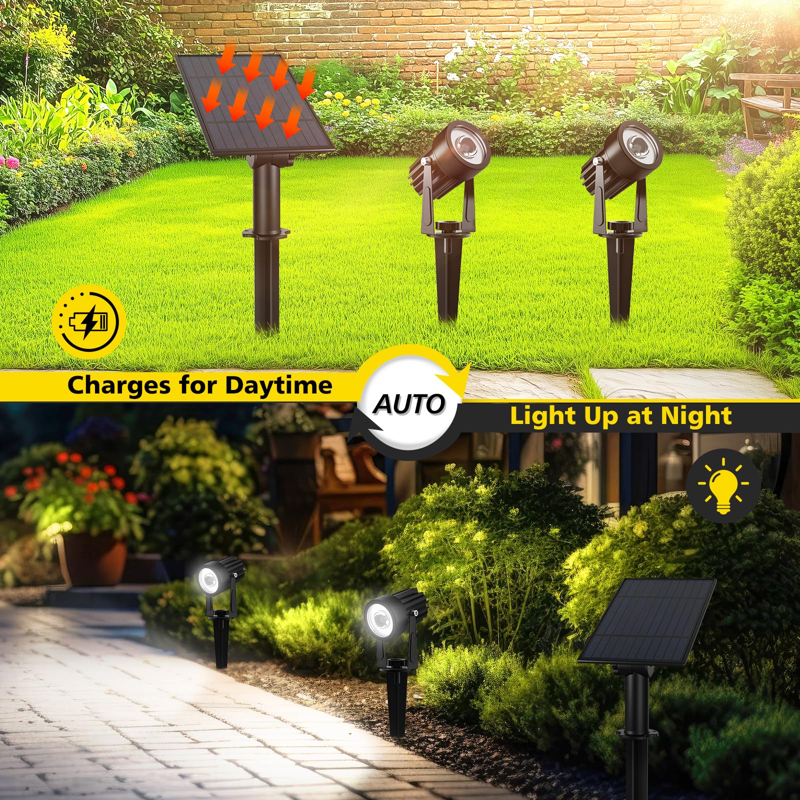 T-SUN 2W Solar Spotlights, LED Outdoor Landscape Lights, Waterproof, Dual Head, 2-IN-1, Cold White
