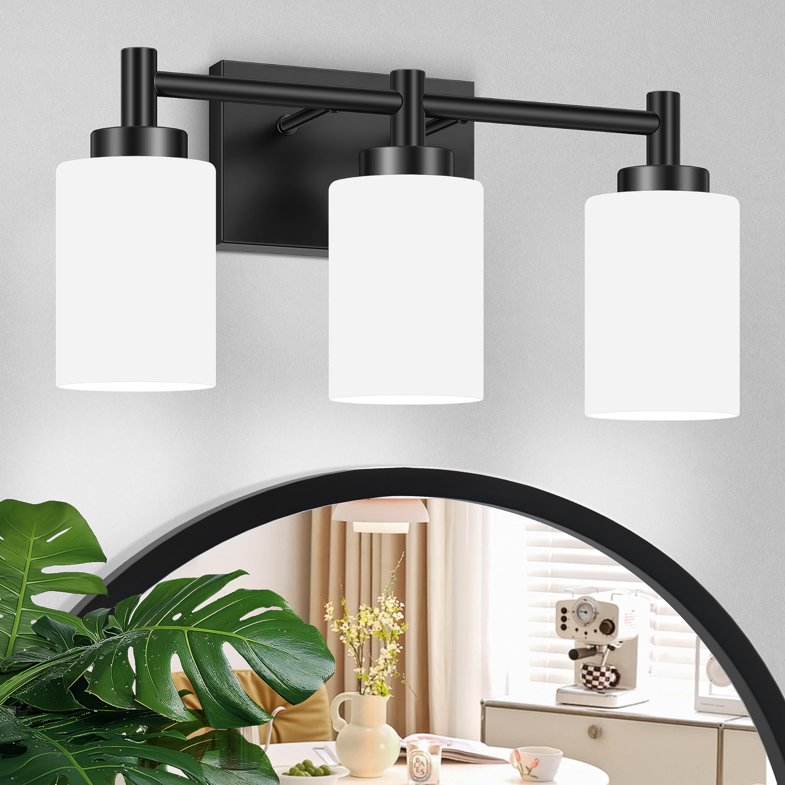 Lomoky 3-Light Vanity Light Fixture, Matte Black, Metal, Modern Design with Milky White Glass Shades