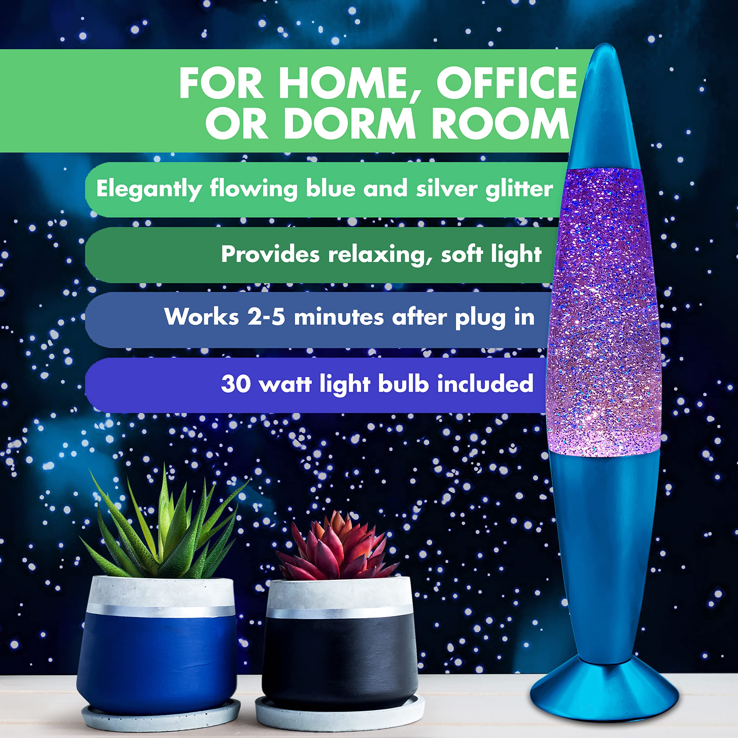 Jambo 16-Inch Glitter Lamp - Blue Base, Colored Glass, Blue and Silver Glitter Night Light for mature-themeds, Teens, Kids