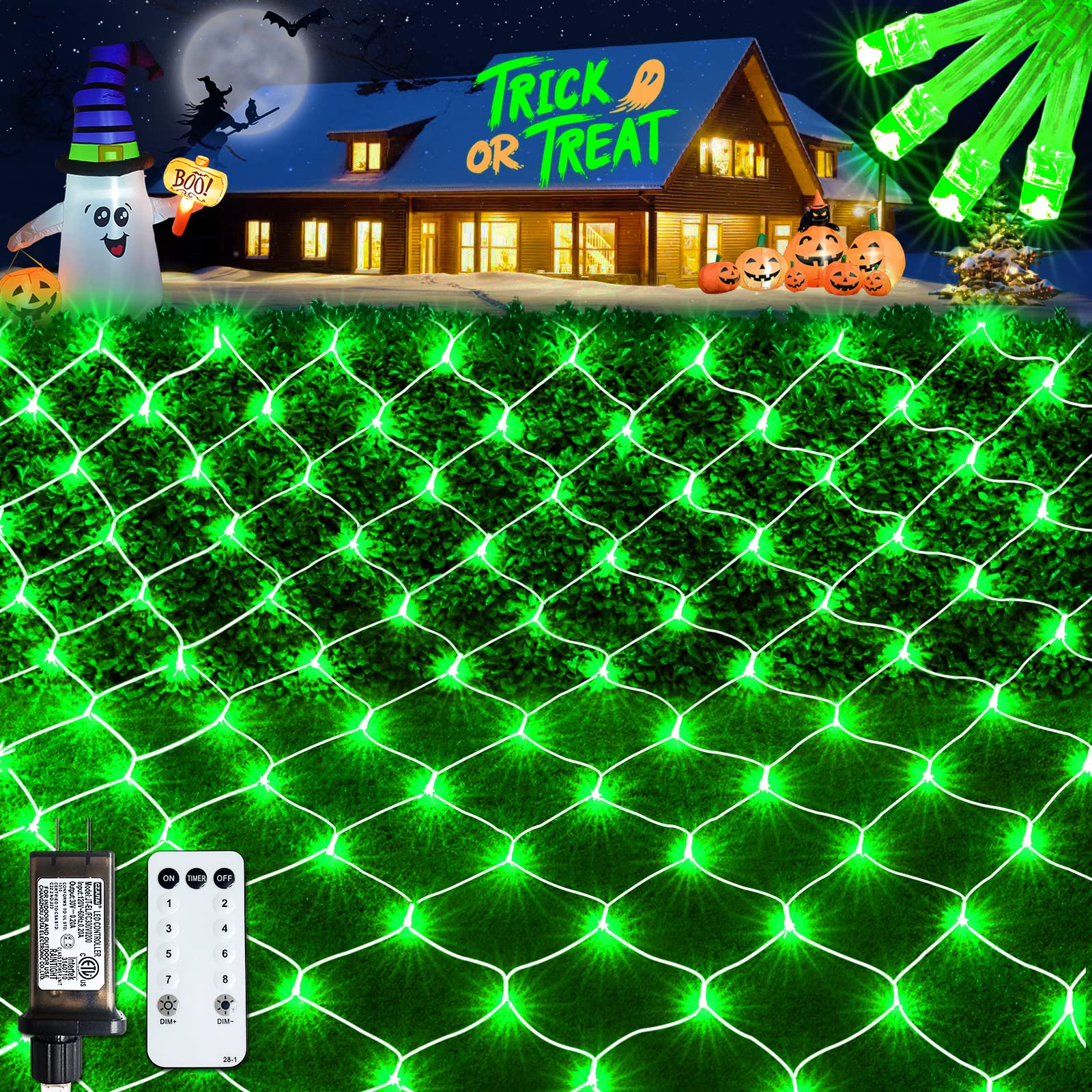 JMEXSUSS Green Christmas Net Lights 360 LED 12ft x 5ft, 8 Modes, Remote, Connectable, Transparent Wire