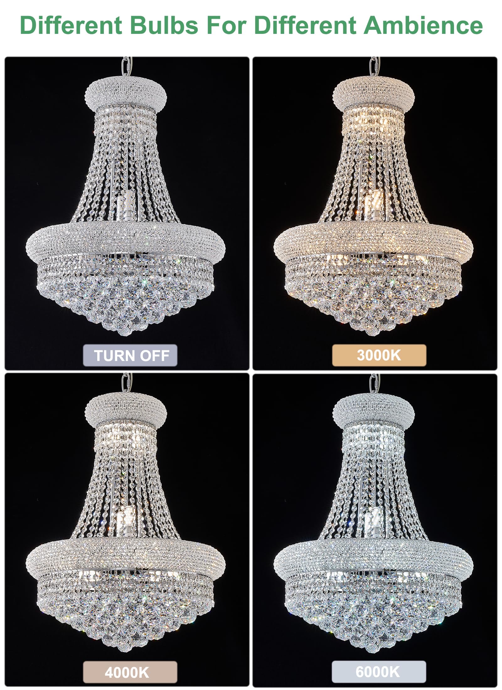 Homeooze Crystal Chandelier - 12 Light Chrome Finish, 27" H x 22" W x 22" D, Metal, Ideal for Foyer, Living Room, Dining Room,