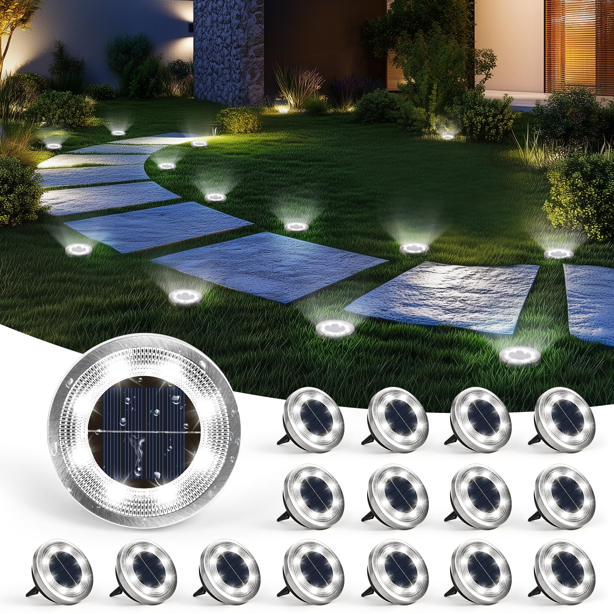 SOLPEX Solar Ground Lights 16 Pack, Waterproof Landscape Lighting for Garden Walkway, Cool White, Model 9815