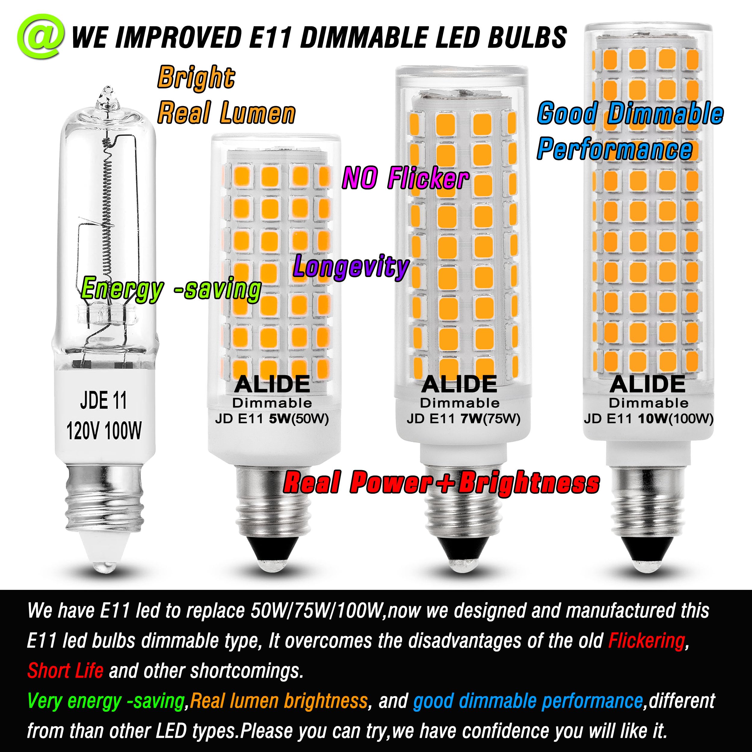 ALIDE E11 LED Bulbs, Dimmable 10W 1000LM Warm White, T3 T4 Mini Base, 5-Pack, Model AGU10435