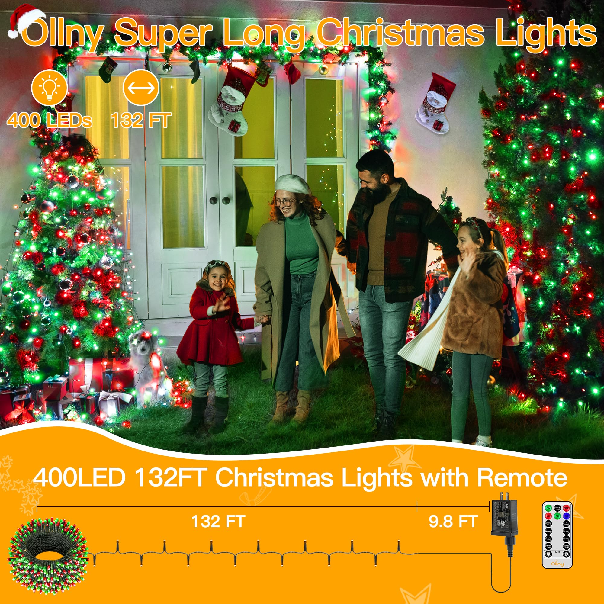 Ollny 400Led Christmas String Lights, 131Ft Red & Green, Waterproof, 8 Modes, Plug-In Fairy Lights For Indoor/Outdoor Holiday Decor