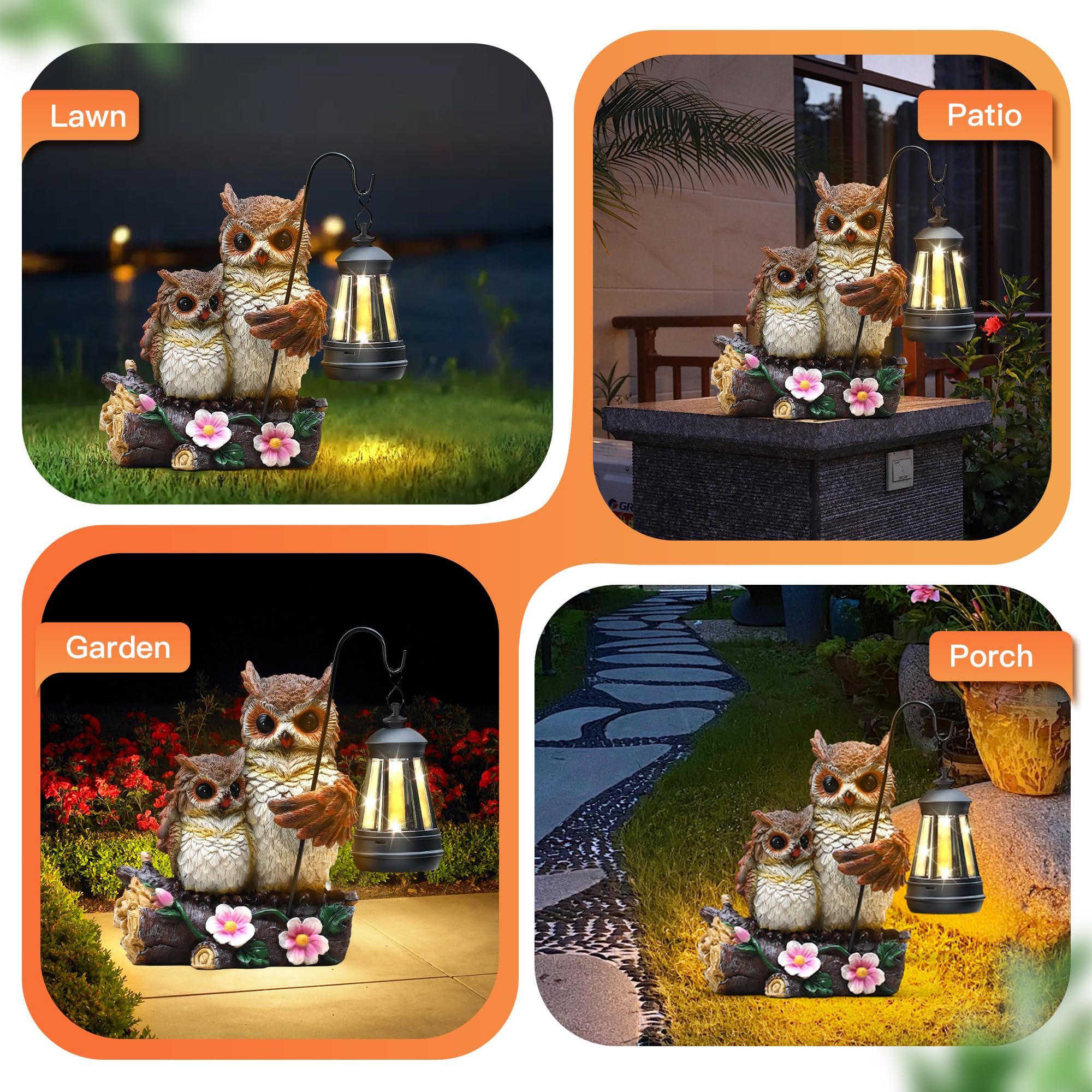Json Garden Owls Statue - Solar LED Lantern, Small Resin Figurine, OWL Color, Model JS-002, Perfect for Mother's Day Outdoor Decor